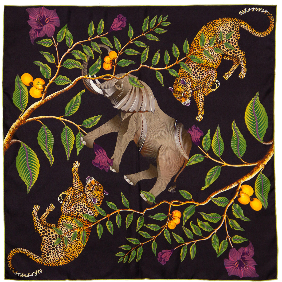 Small, blue & black silk scarf with elephant, leopards & red flowers 35 in