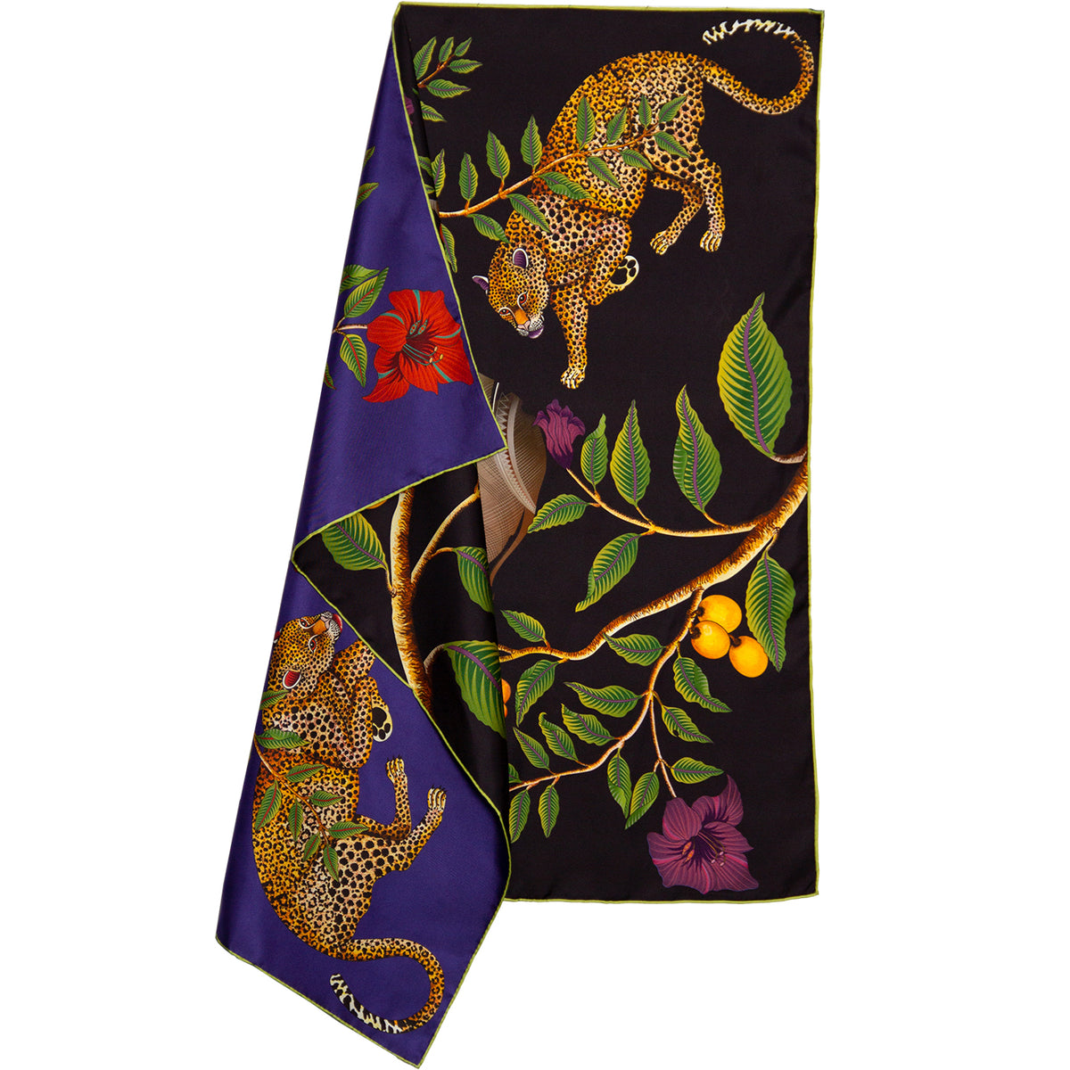 Small, blue & black silk scarf with elephant, leopards & red flowers 35 in