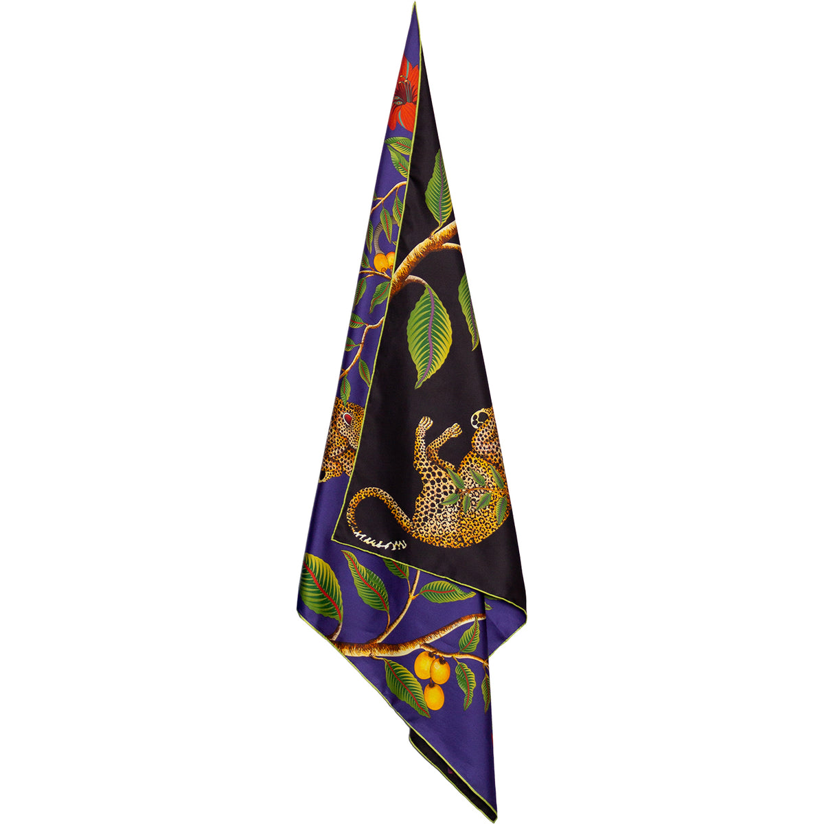 Small, blue & black silk scarf with elephant, leopards & red flowers 35 in