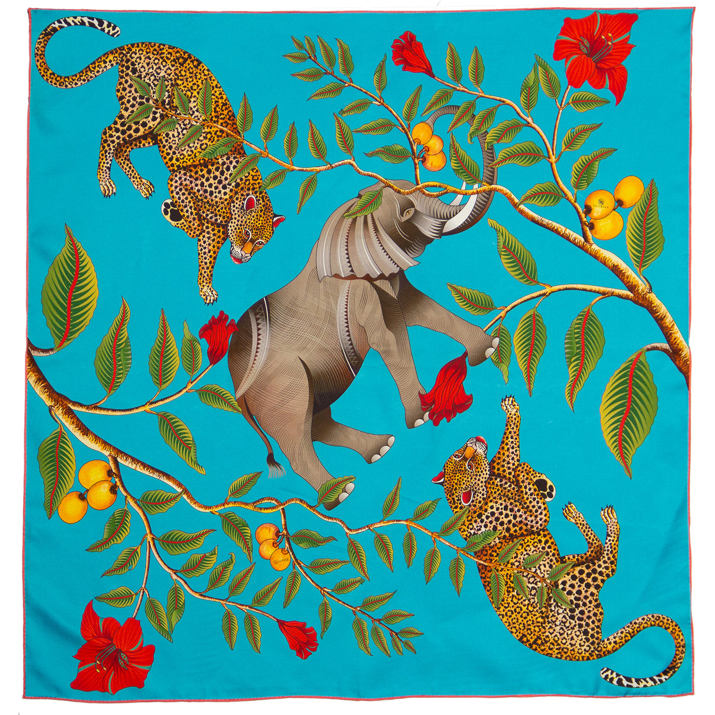 Small, Turquoise & blue silk scarf with elephant, leopards & red flowers 35 in