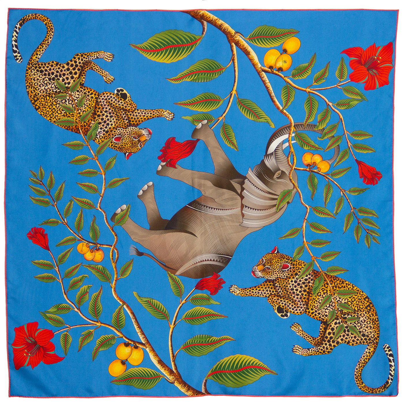 Small, Turquoise & blue silk scarf with elephant, leopards & red flowers 35 in