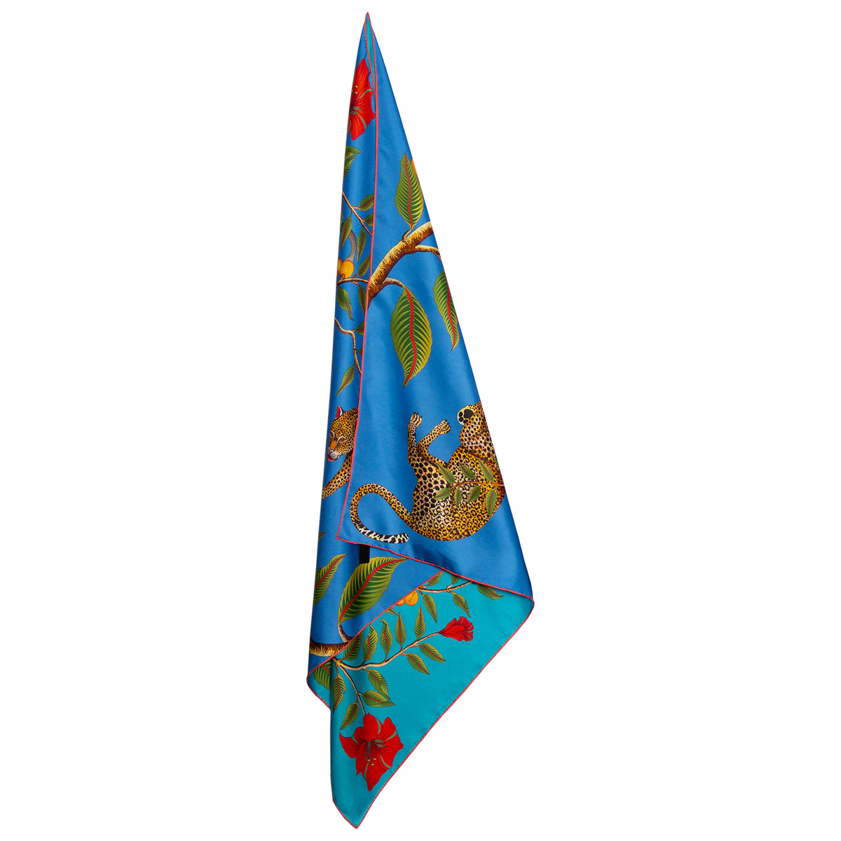 Small, Turquoise & blue silk scarf with elephant, leopards & red flowers 35 in
