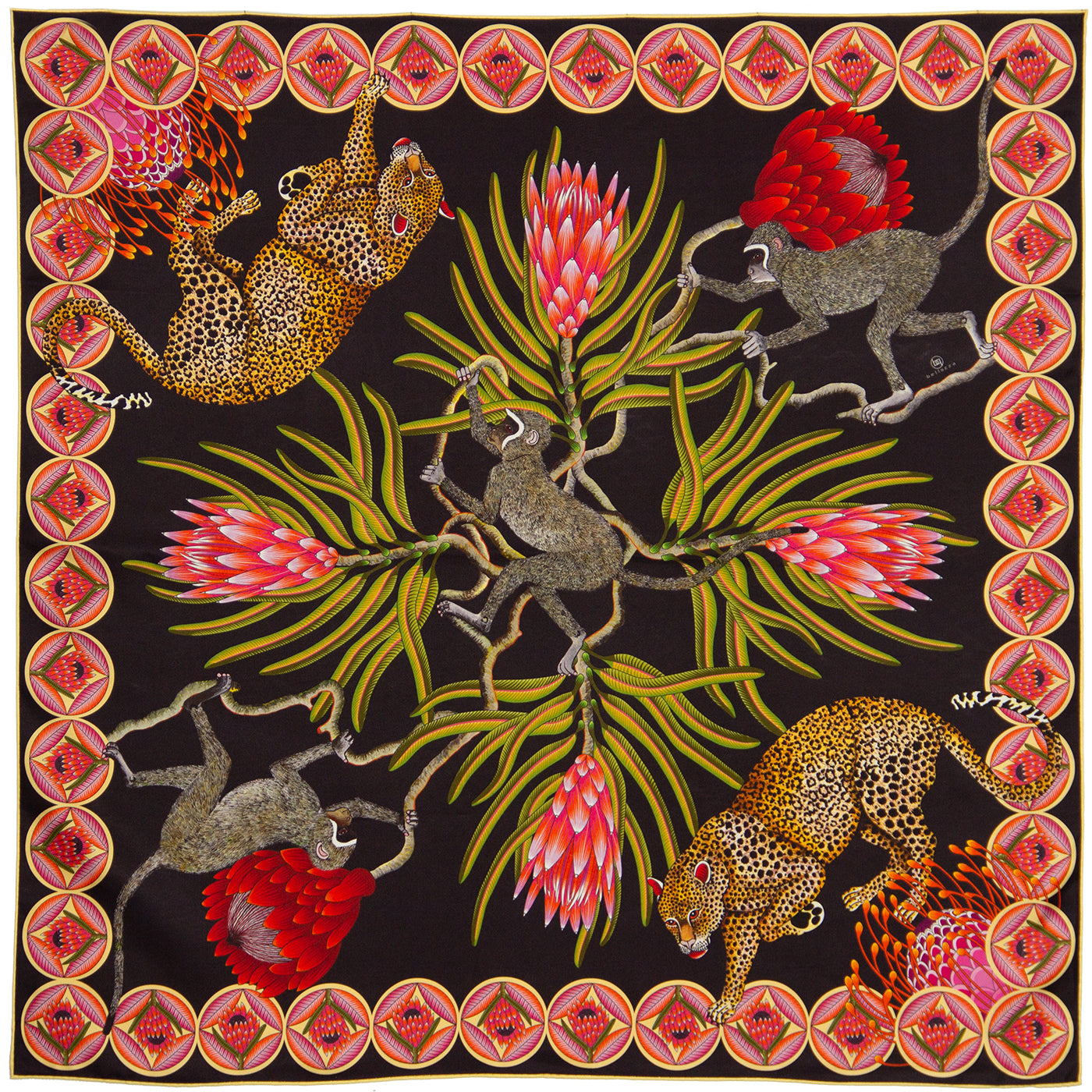 Small, Black & olive silk scarf with leopards, monkeys & protea flowers 35 in
