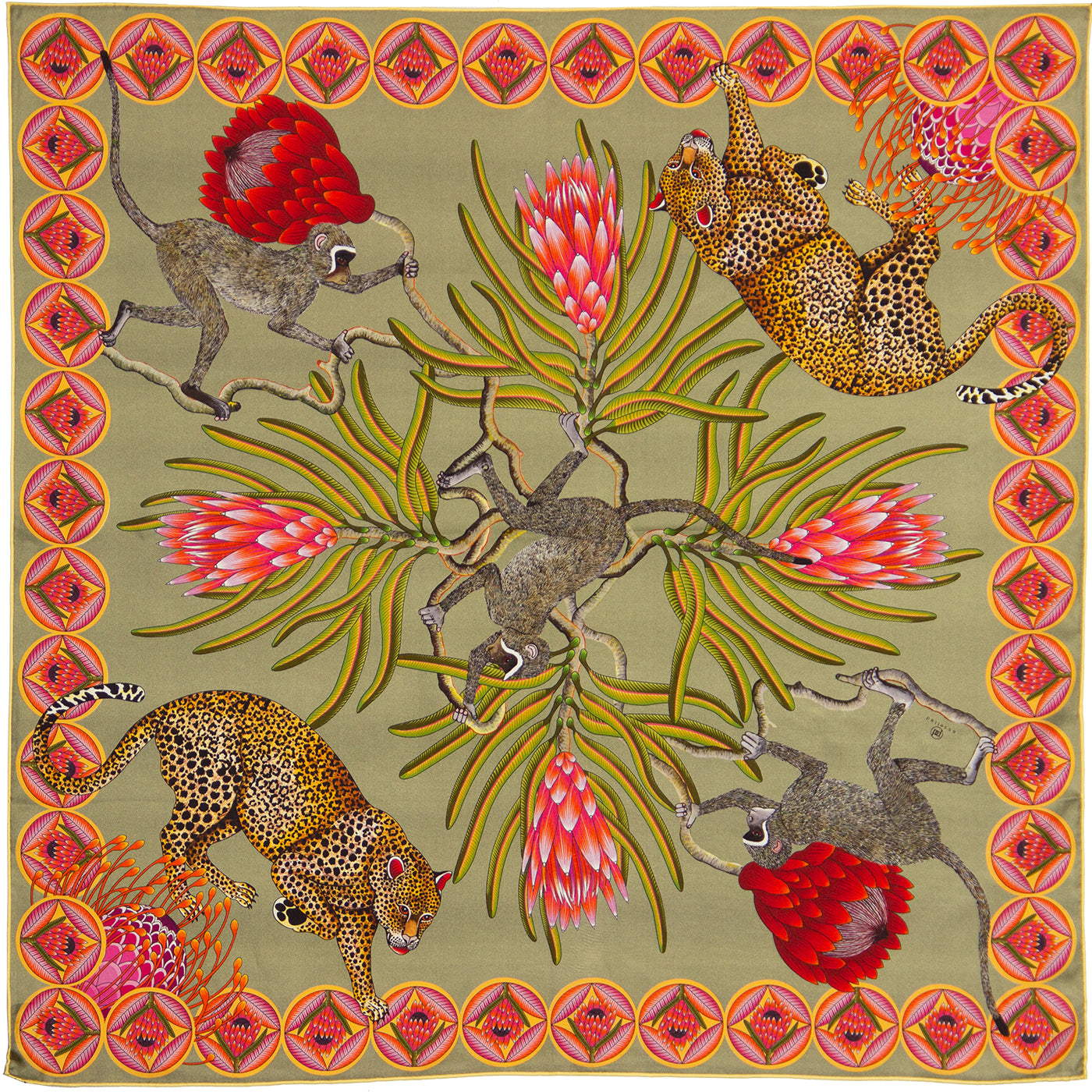Small, Black & olive silk scarf with leopards, monkeys & protea flowers 35 in