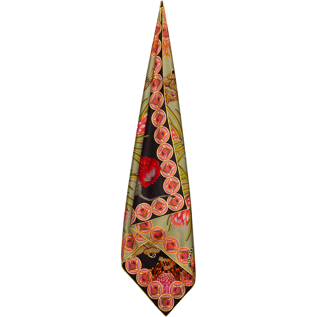 Small, Black & olive silk scarf with leopards, monkeys & protea flowers 35 in