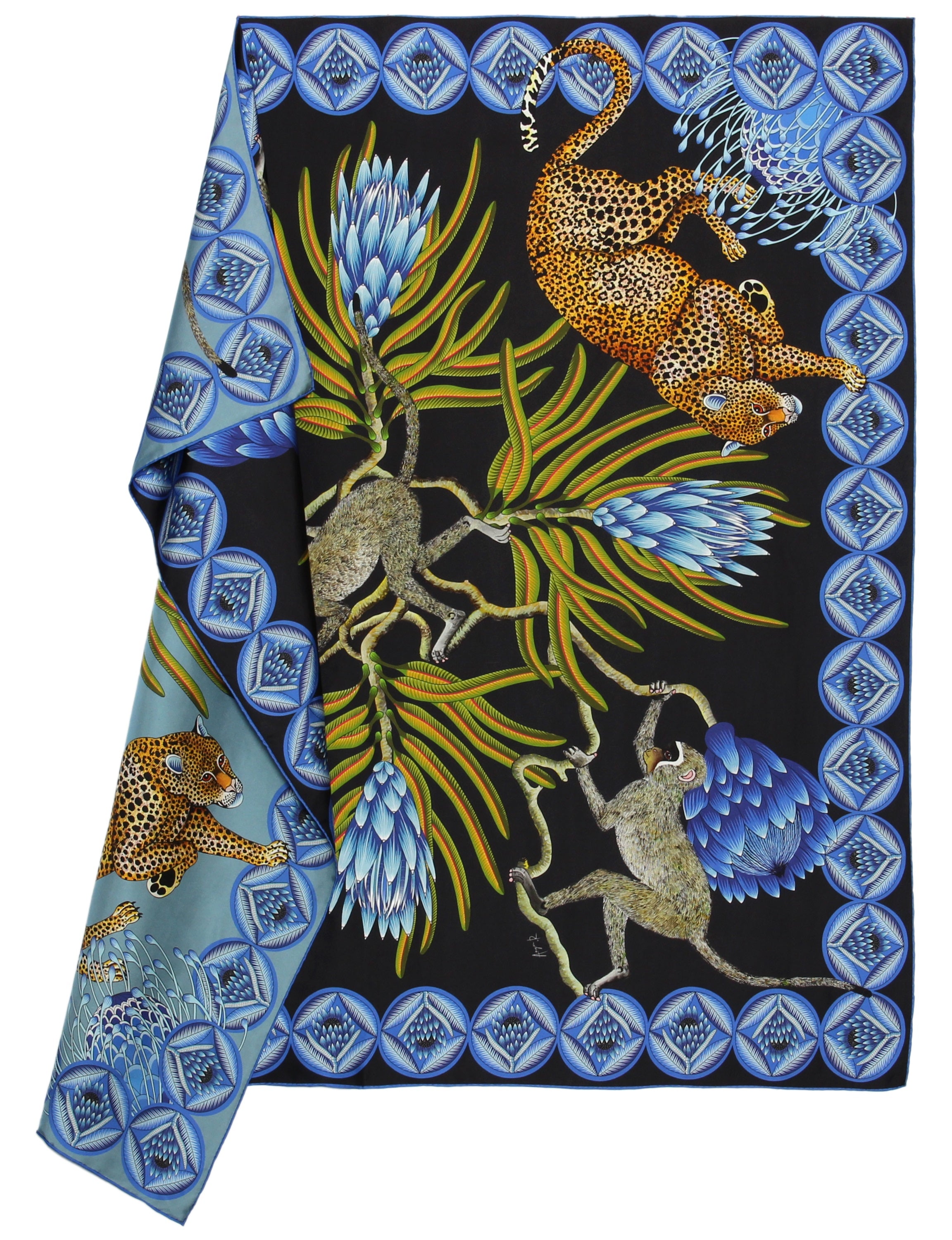 Large, Black pale & blue silver silk scarf with zebras, monkeys & protea flowers 55 in