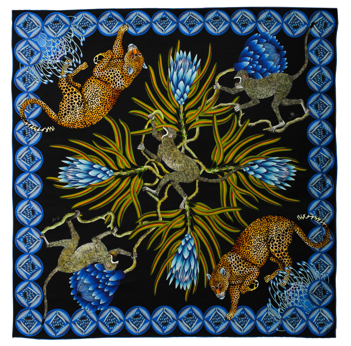 Small, Black pale & blue silver silk scarf with leopard, monkeys & protea flowers 35 in