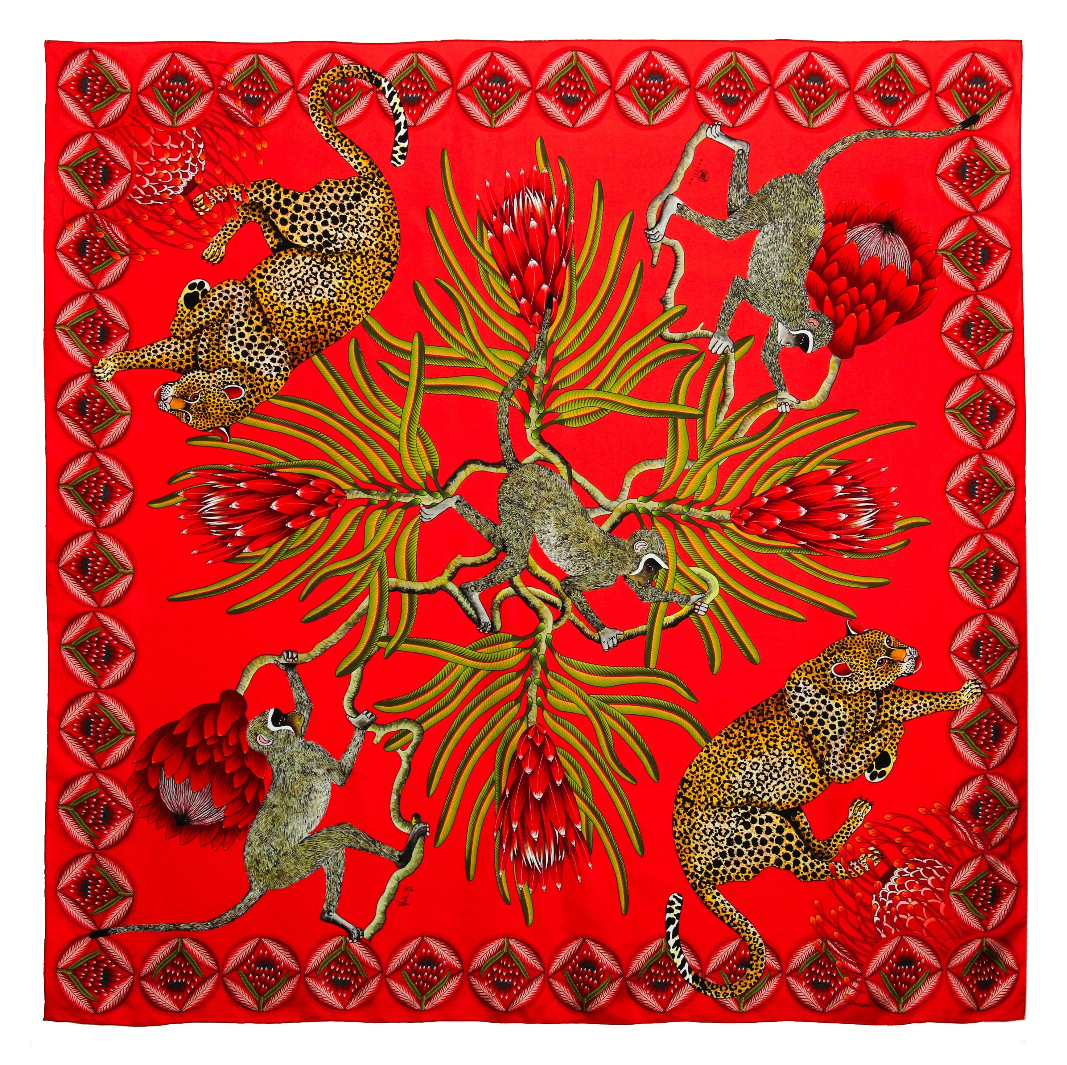 Large, Red & orange silk scarf with zebras, monkeys & protea flowers 55 in