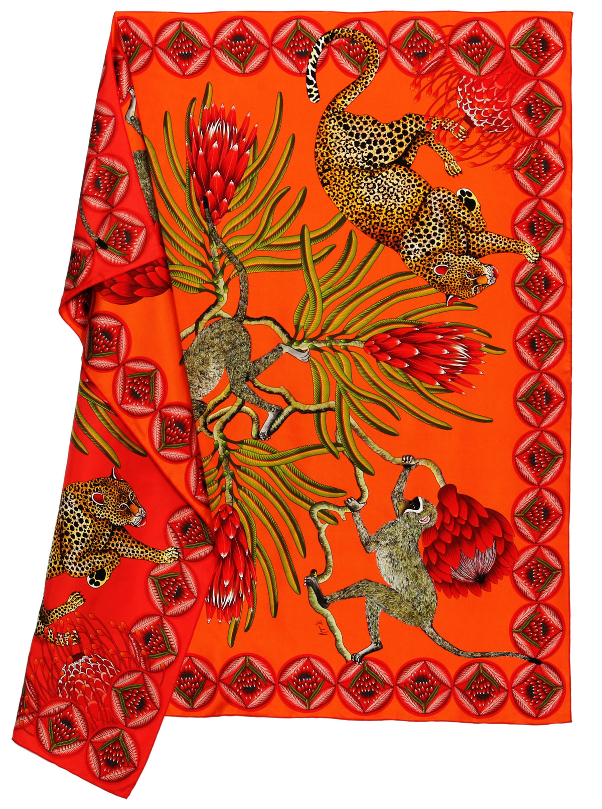 Large, Red & orange silk scarf with zebras, monkeys & protea flowers 55 in