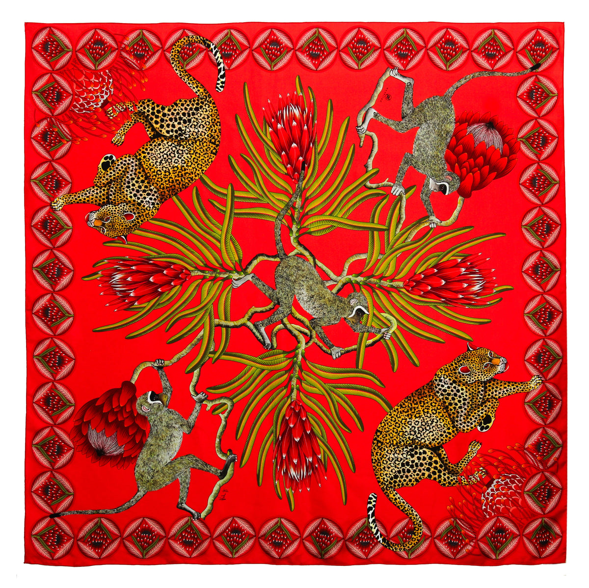 Small, Red & orange silver silk scarf with leopard, monkeys & protea flowers 35 in