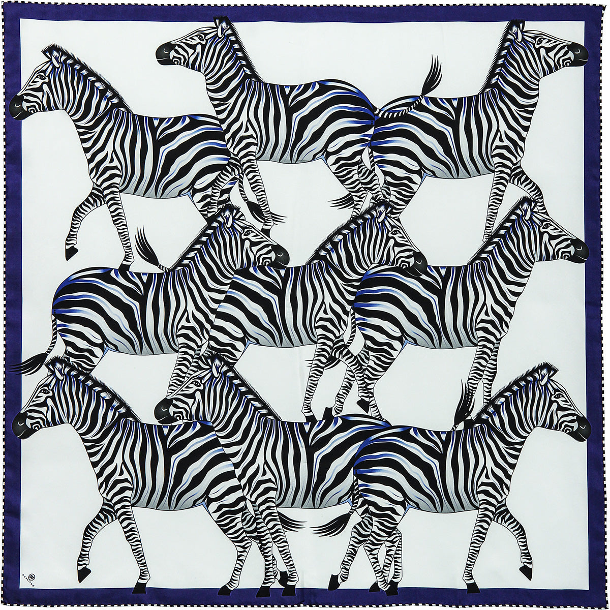 Large, black & blue silk scarf with zebras, 55 inches