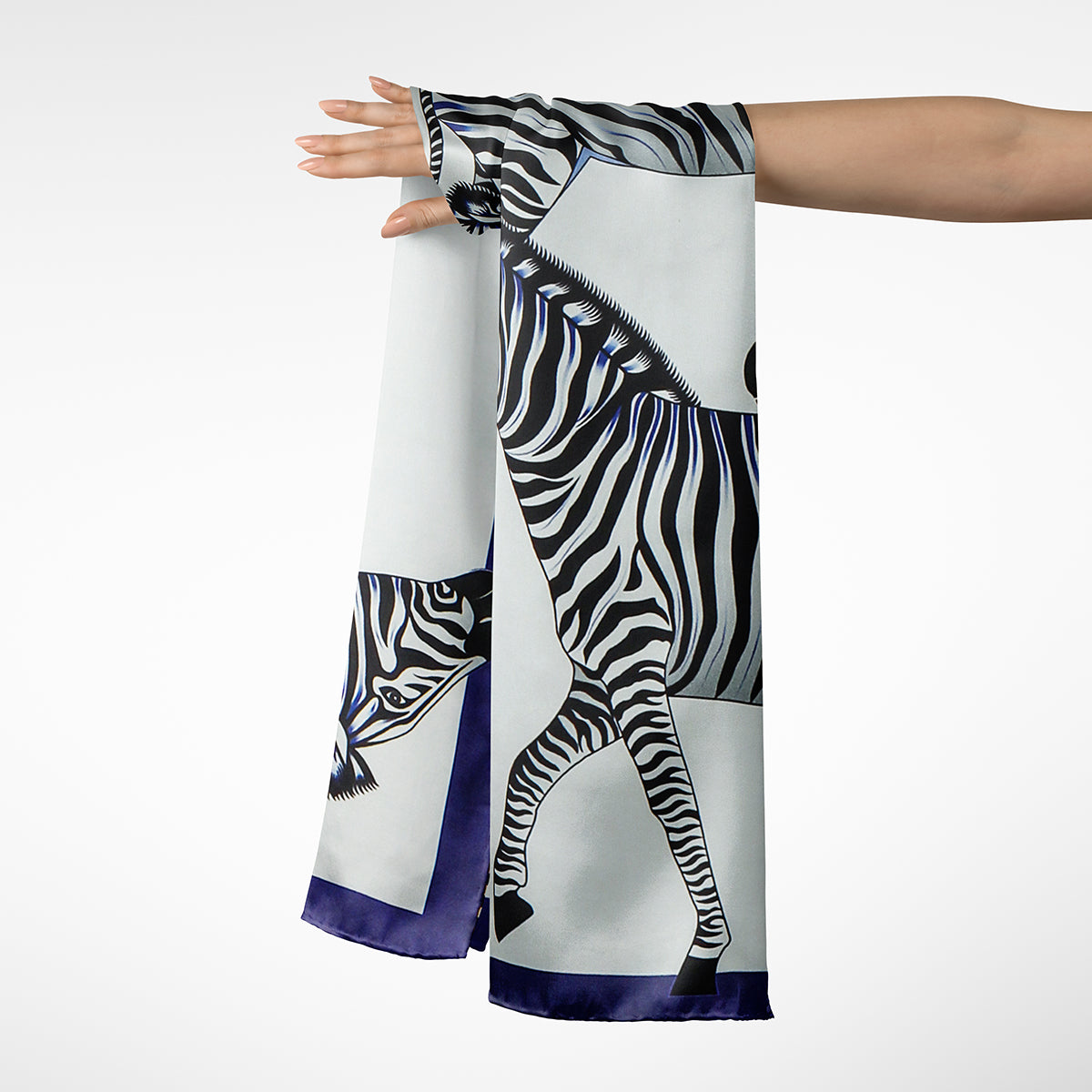 Large, black & blue silk scarf with zebras, 55 inches