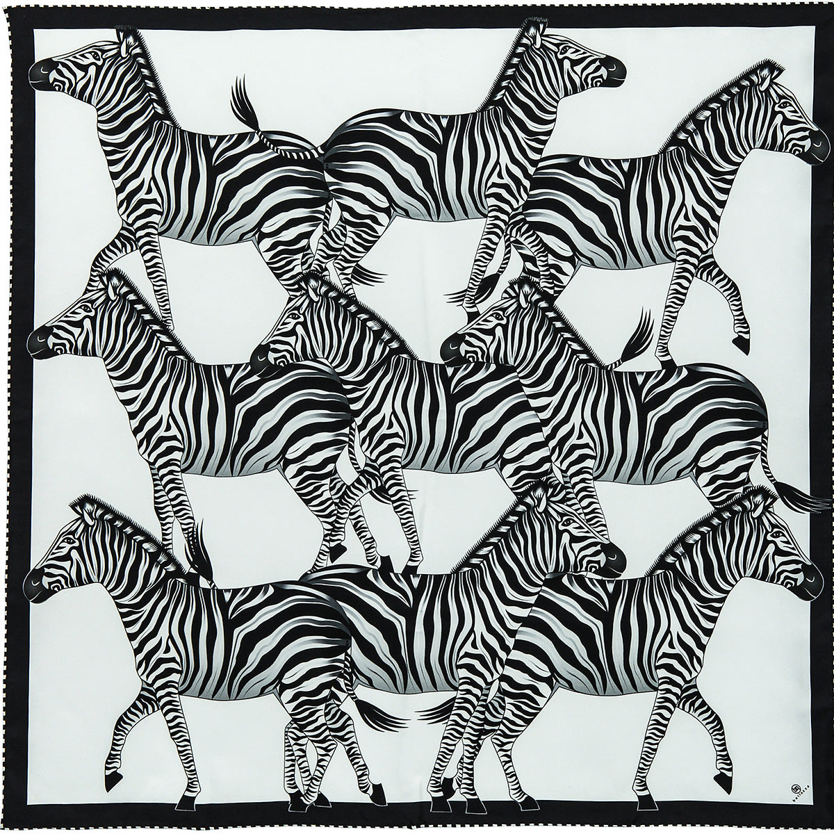 Large, black & blue silk scarf with zebras, 55 inches