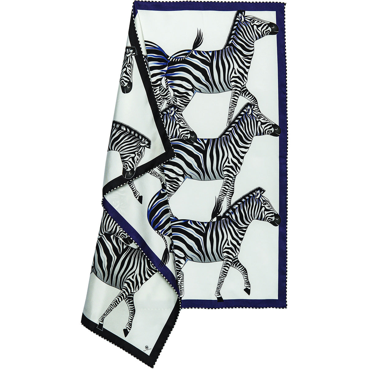 Small, back & blue silk scarf with zebras 35 in