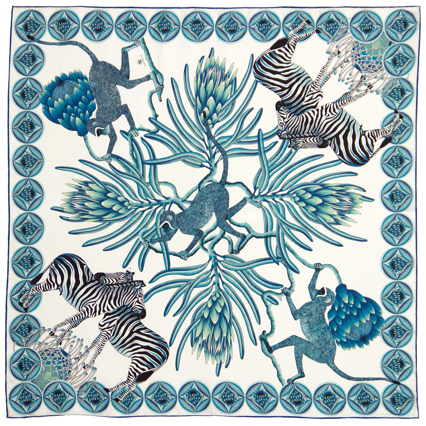 Large, Blue & green silk scarf with zebras, monkeys & protea flowers 55 in