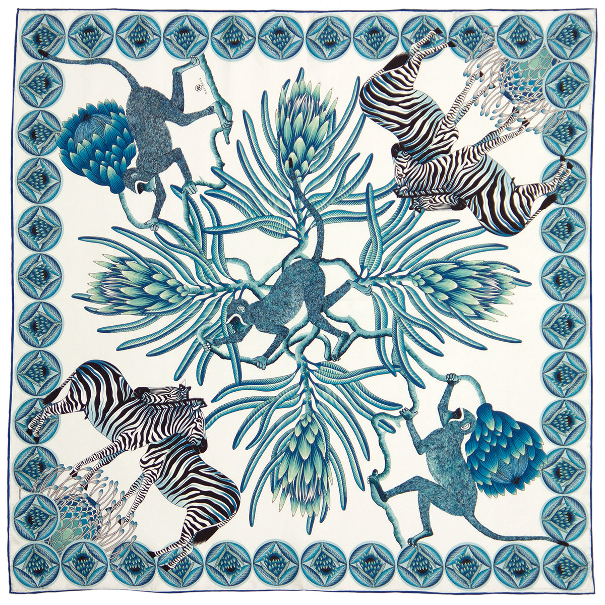 Small, Blue & green silk scarf with zebras, monkeys & protea flowers 35 in