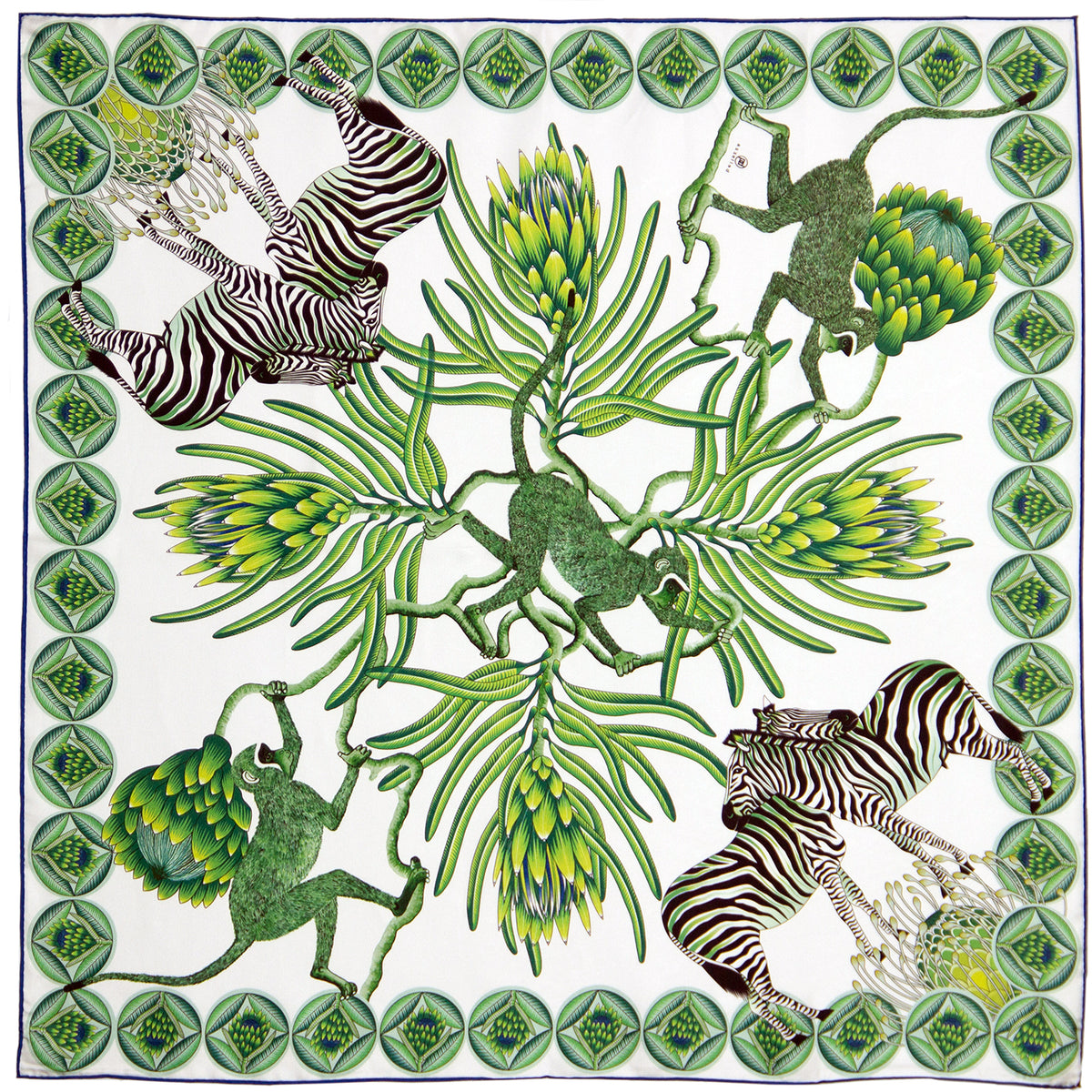 Small, Blue & green silk scarf with zebras, monkeys & protea flowers 35 in