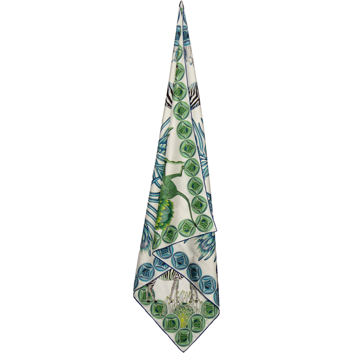Small, Blue & green silk scarf with zebras, monkeys & protea flowers 35 in