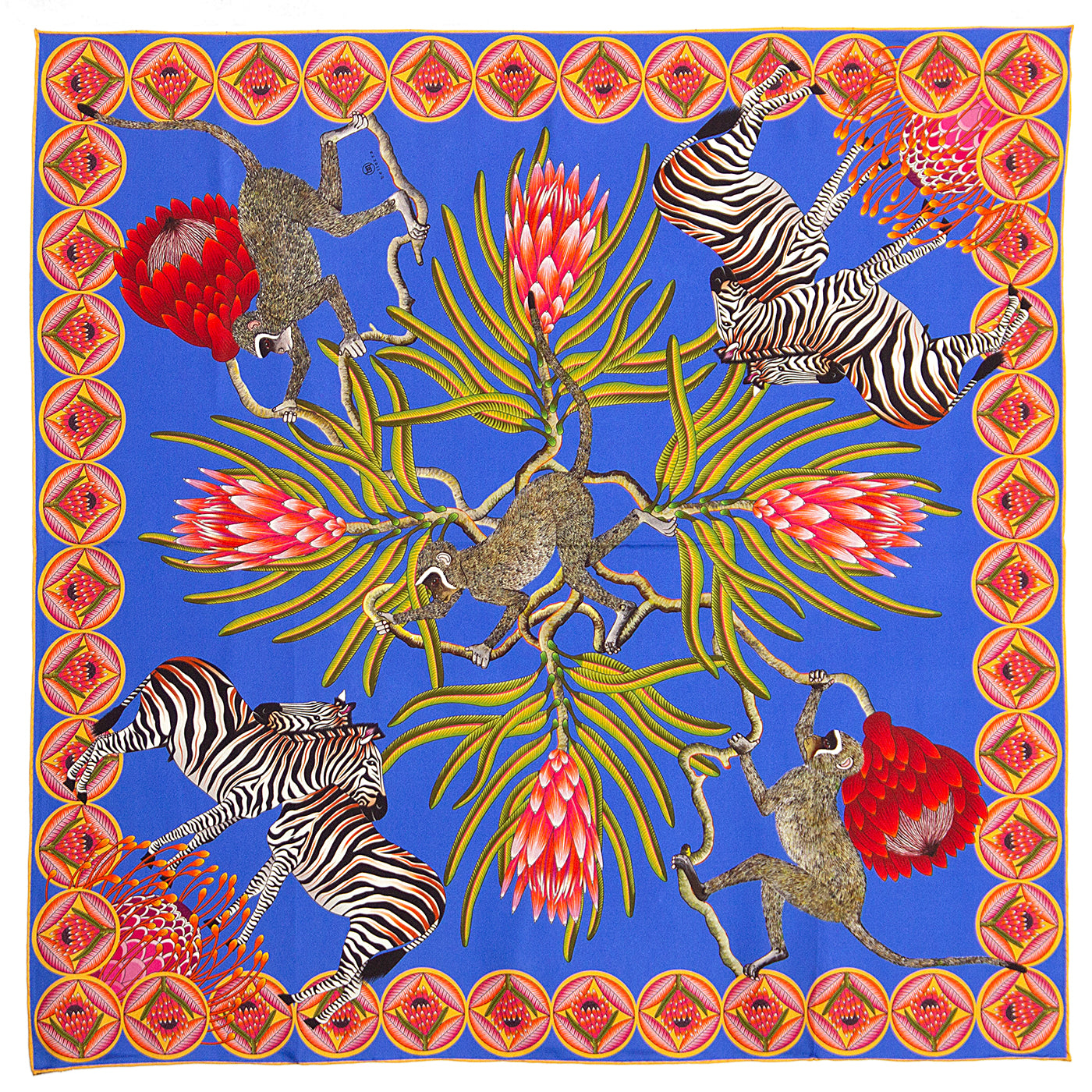 Large, Blue & light blue silk scarf with zebras, monkeys & protea flowers 55 in
