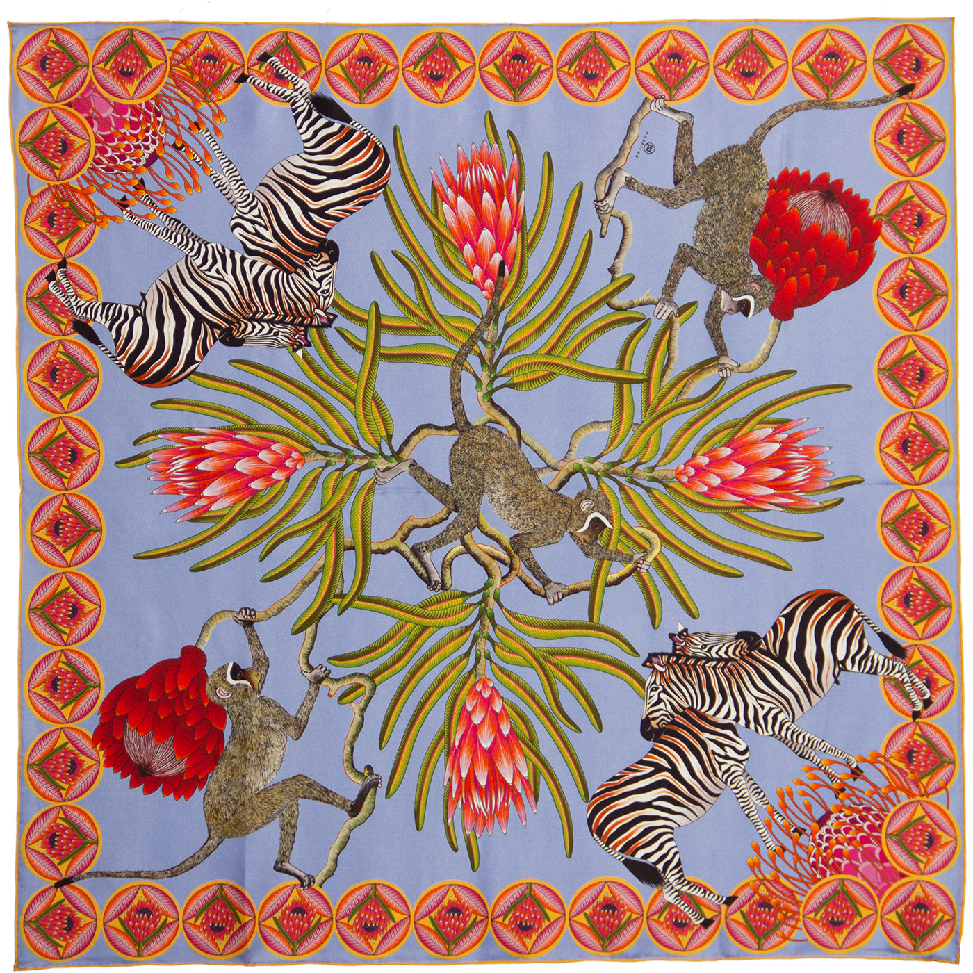 Large, Blue & light blue silk scarf with zebras, monkeys & protea flowers 55 in