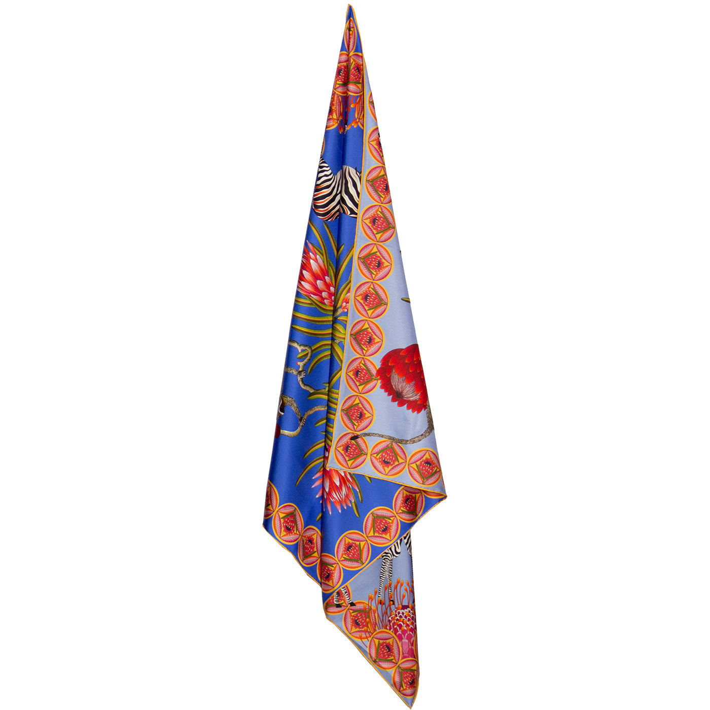 Large, Blue & light blue silk scarf with zebras, monkeys & protea flowers 55 in