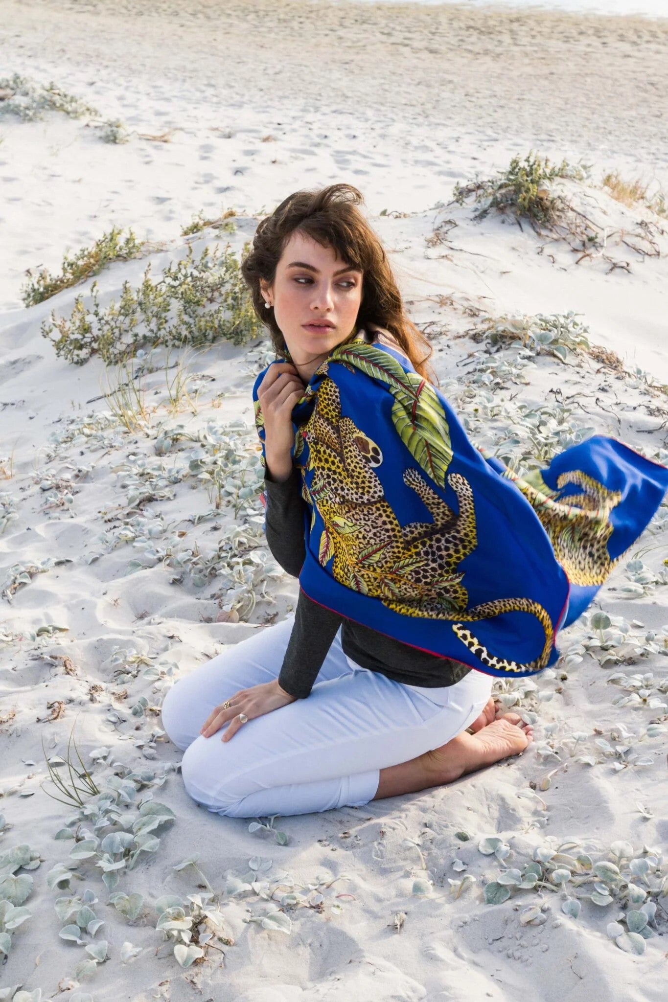 Large, Blue & light blue silk scarf with zebras, monkeys & protea flowers 55 in