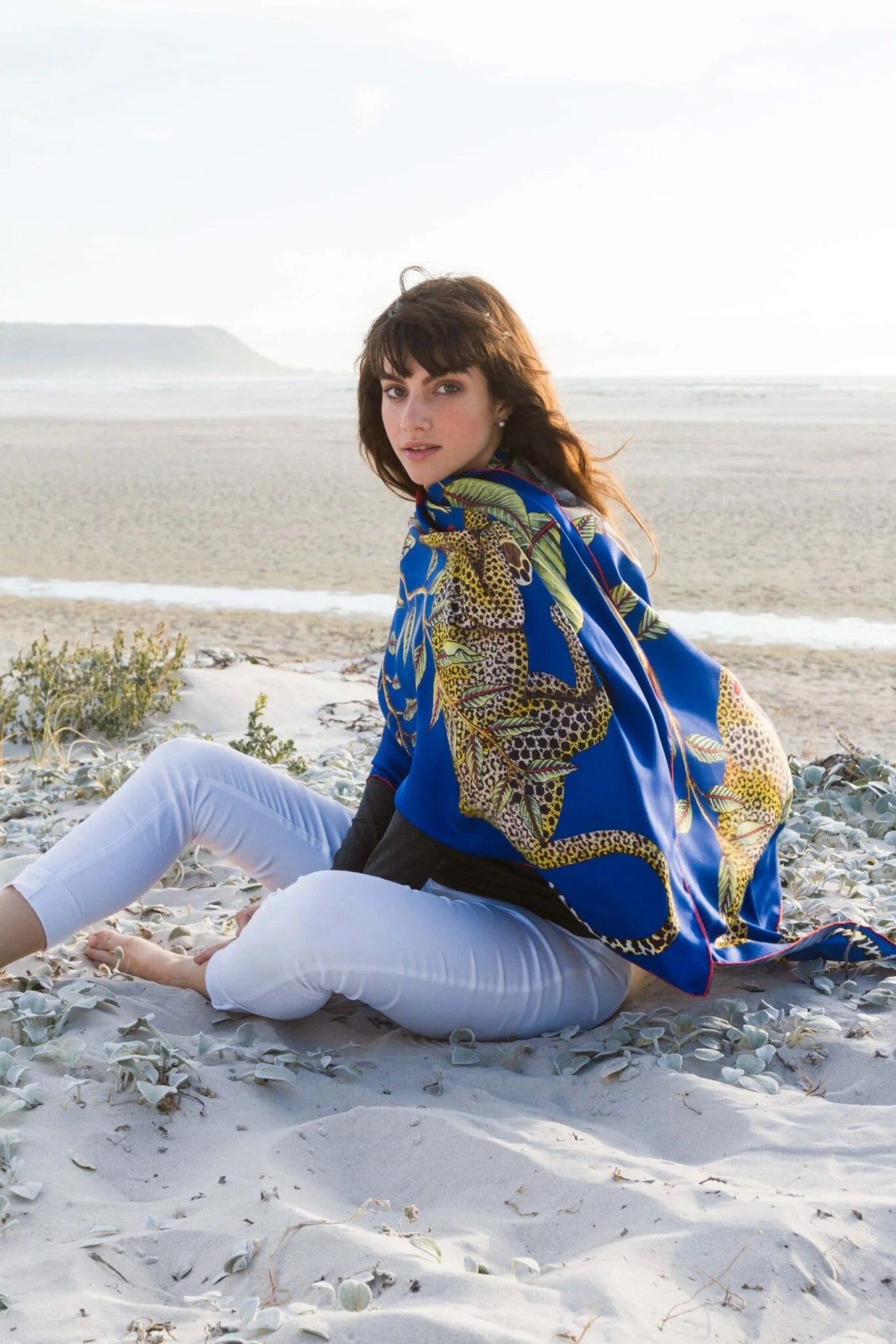 Large, Blue & light blue silk scarf with zebras, monkeys & protea flowers 55 in