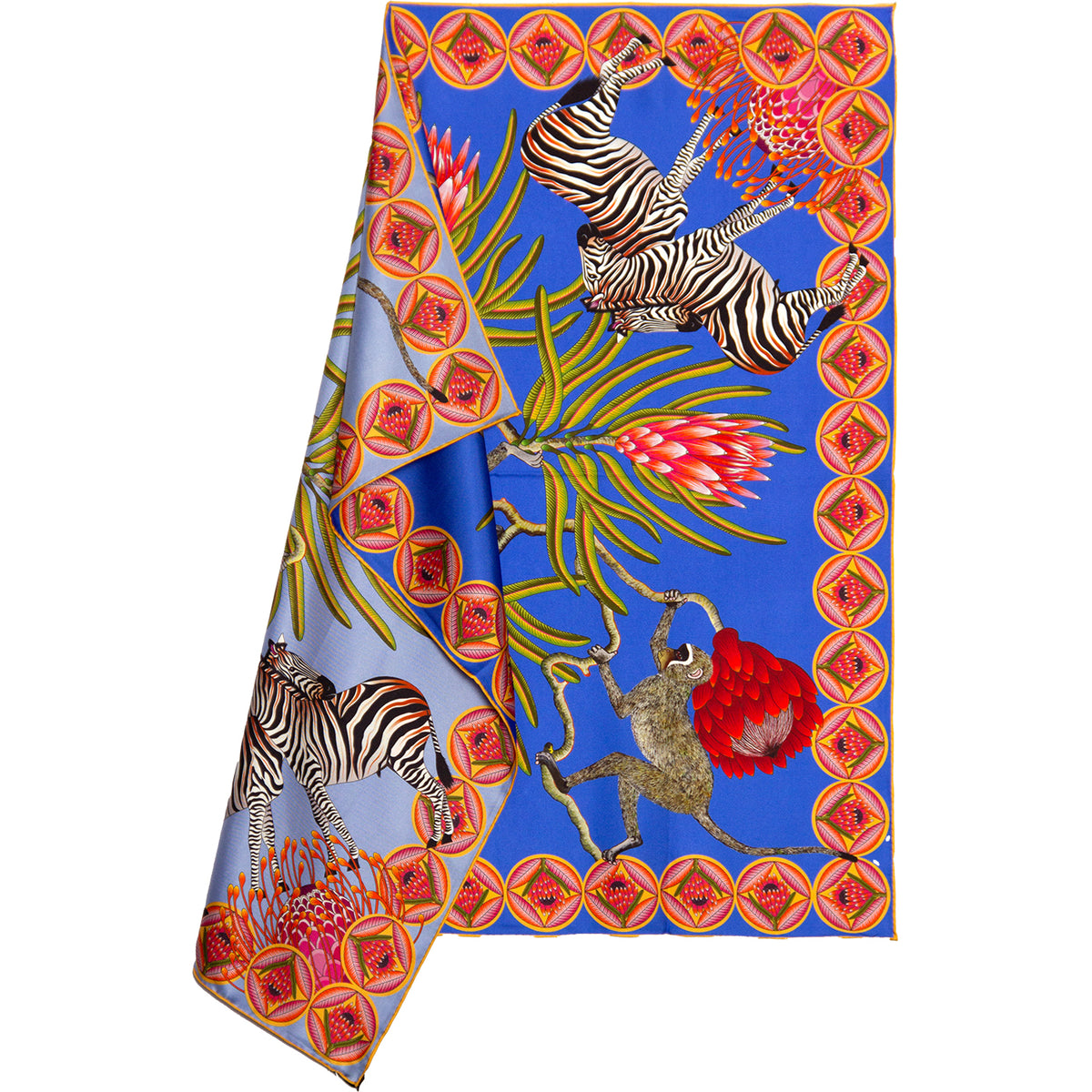 Small, Blue & light blue silk scarf with zebras, monkeys & protea flowers 35 in