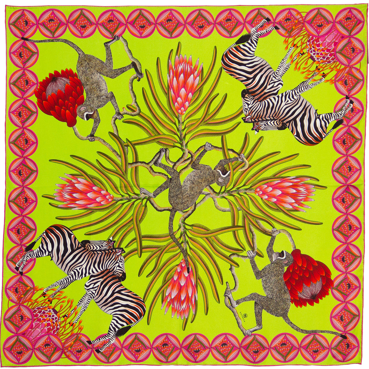 Small, Lime & yellow silk scarf with zebras, monkeys & protea flowers 35 in