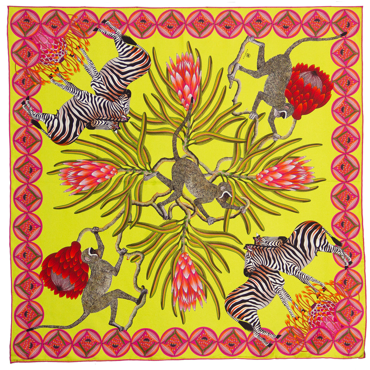 Small, Lime & yellow silk scarf with zebras, monkeys & protea flowers 35 in