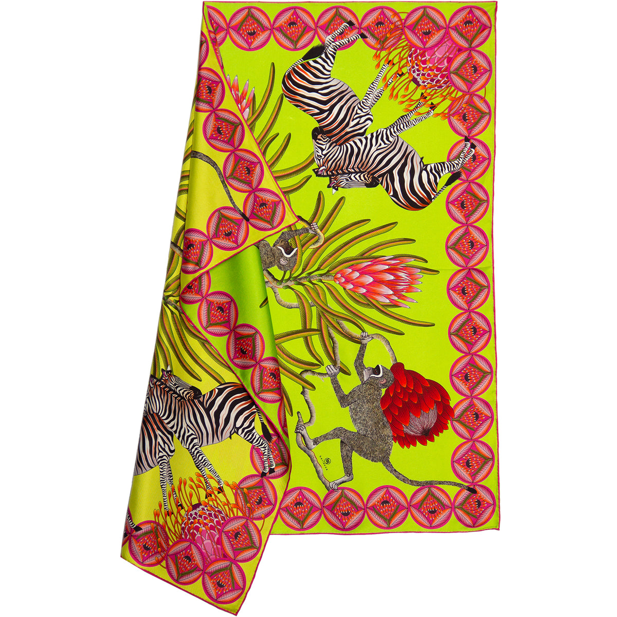Small, Lime & yellow silk scarf with zebras, monkeys & protea flowers 35 in