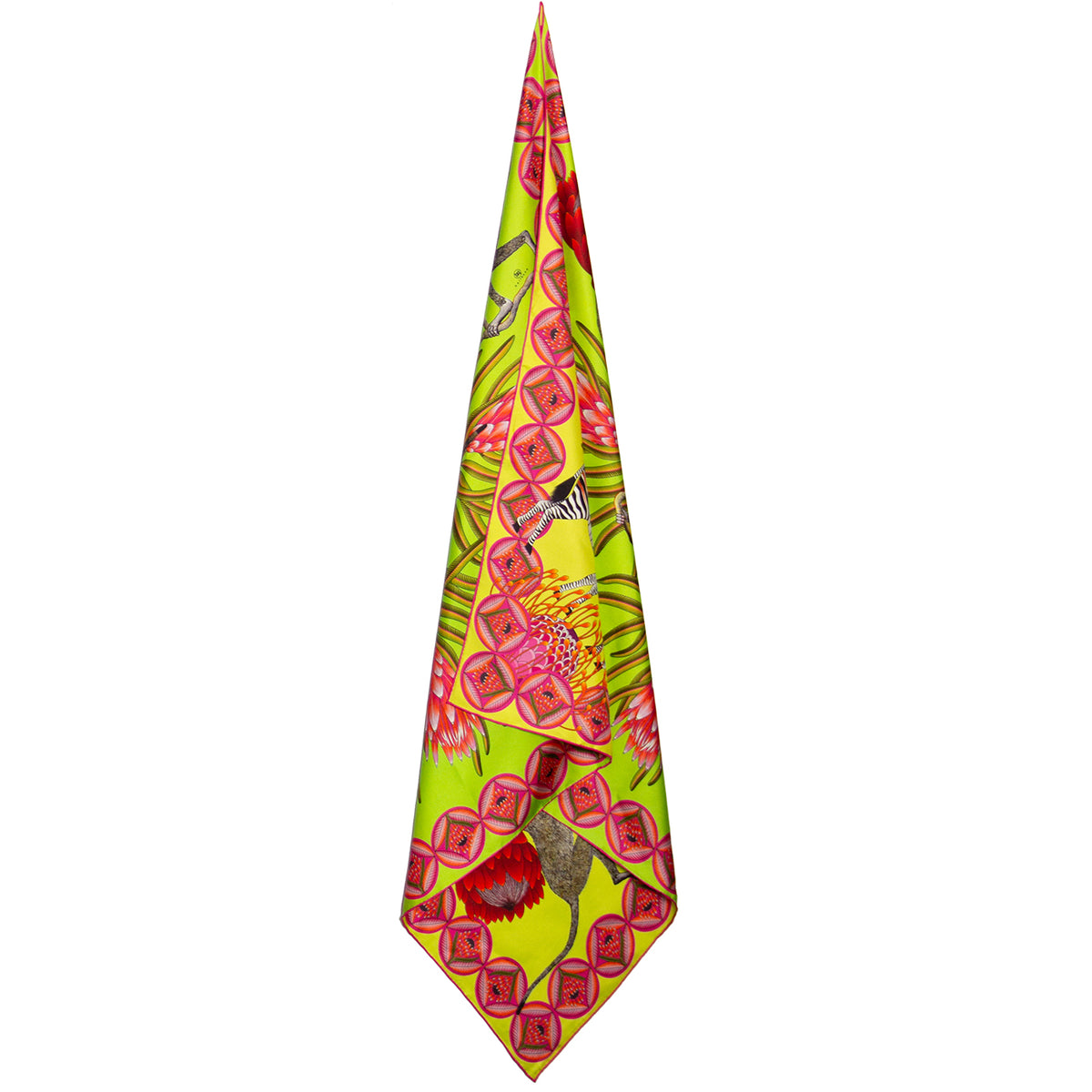 Small, Lime & yellow silk scarf with zebras, monkeys & protea flowers 35 in