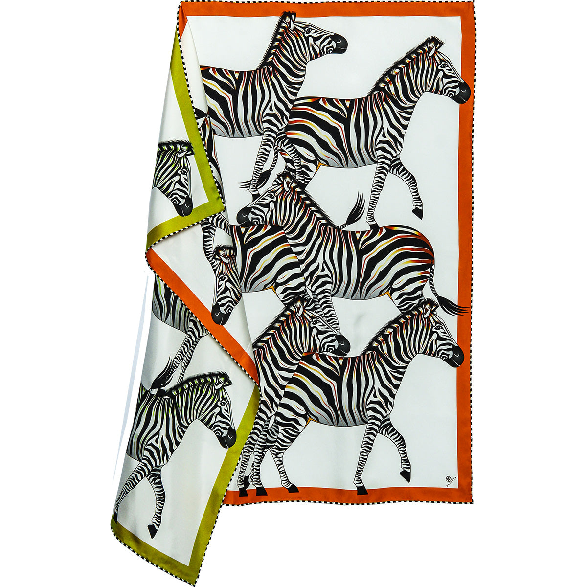 Large, orange & green silk scarf with zebras, 55 inches