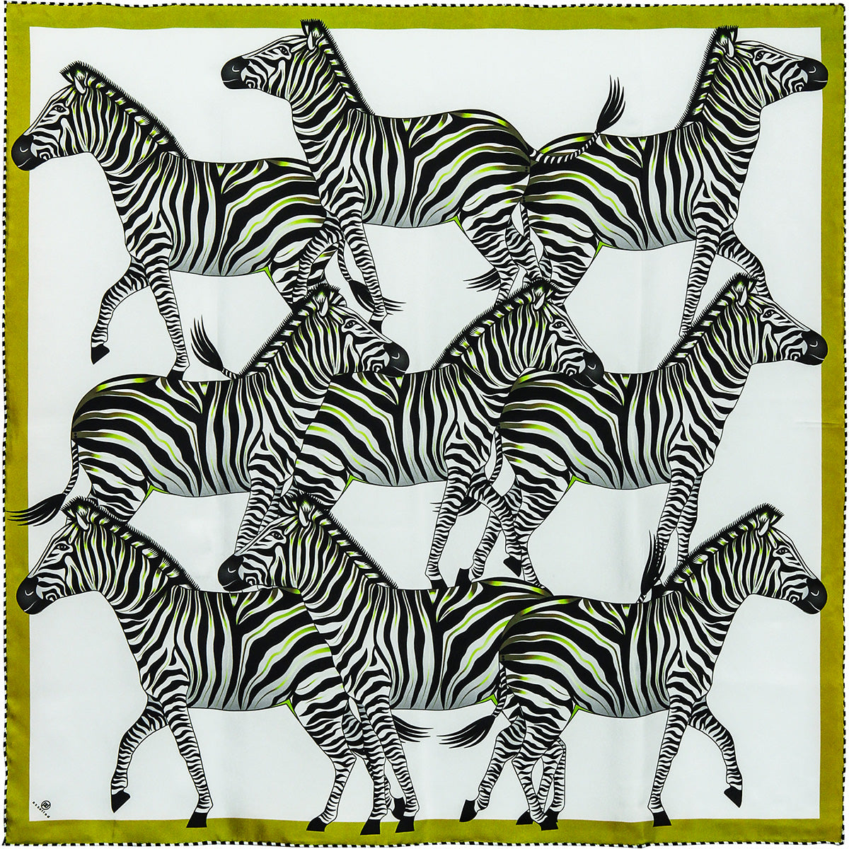 Large, orange & green silk scarf with zebras, 55 inches