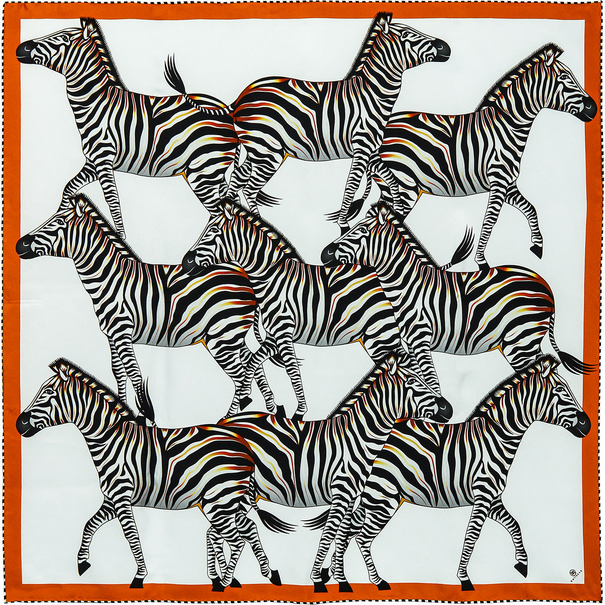 Large, orange & green silk scarf with zebras, 55 inches