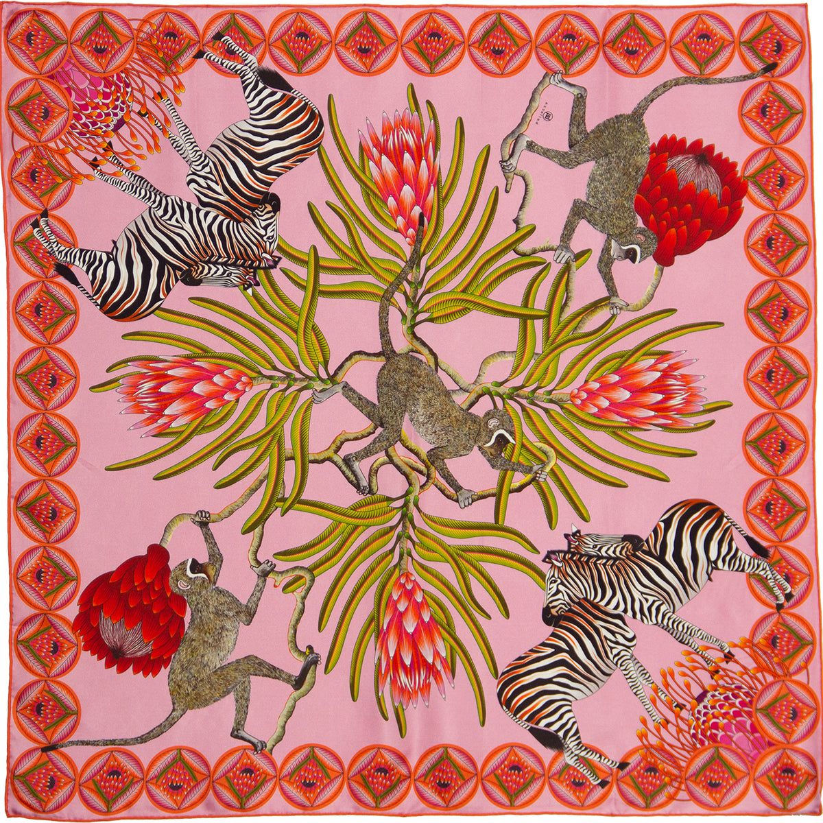 Large, Pink & light pink silk scarf with zebras, monkeys & protea flowers 55 in