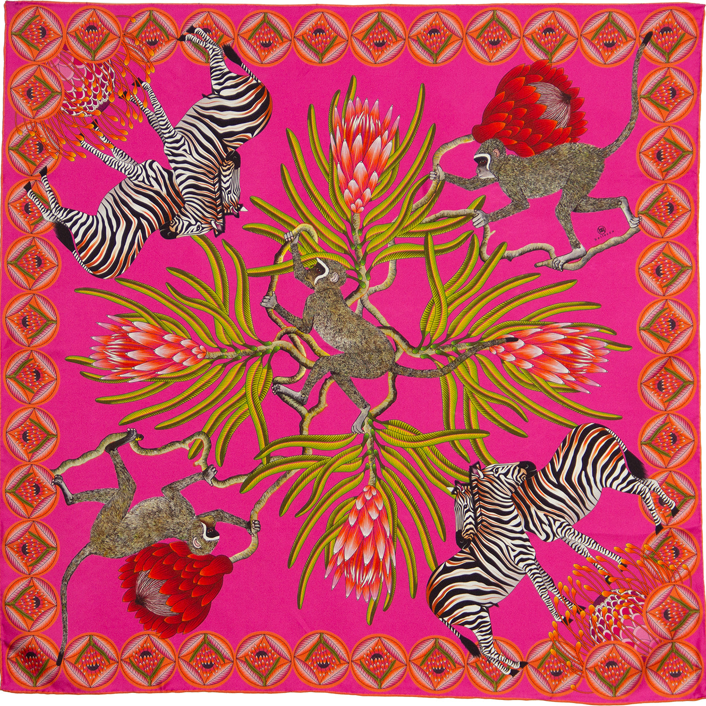 Small, Pink & light pink silk scarf with zebras, monkeys & protea flowers 35 in