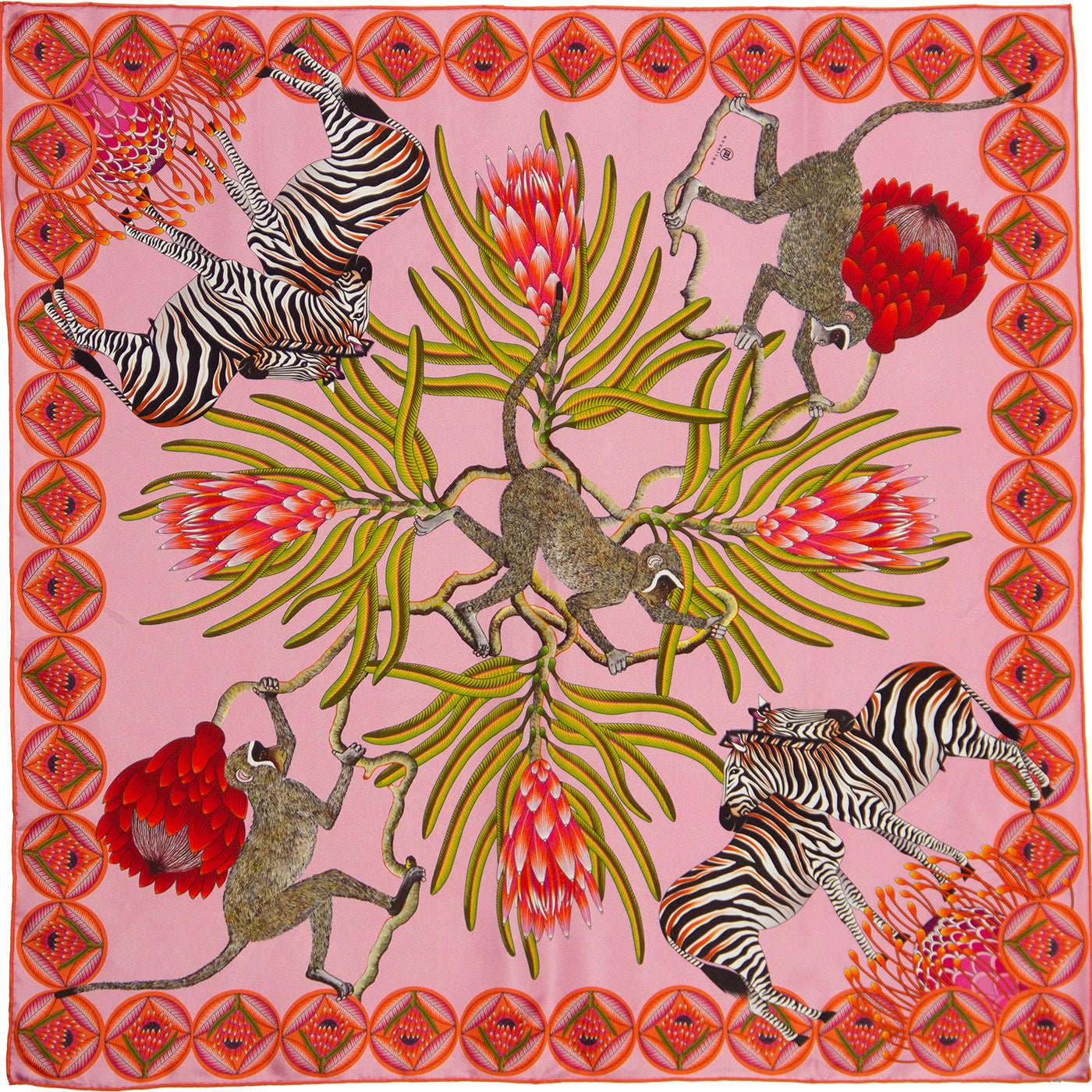 Small, Pink & light pink silk scarf with zebras, monkeys & protea flowers 35 in
