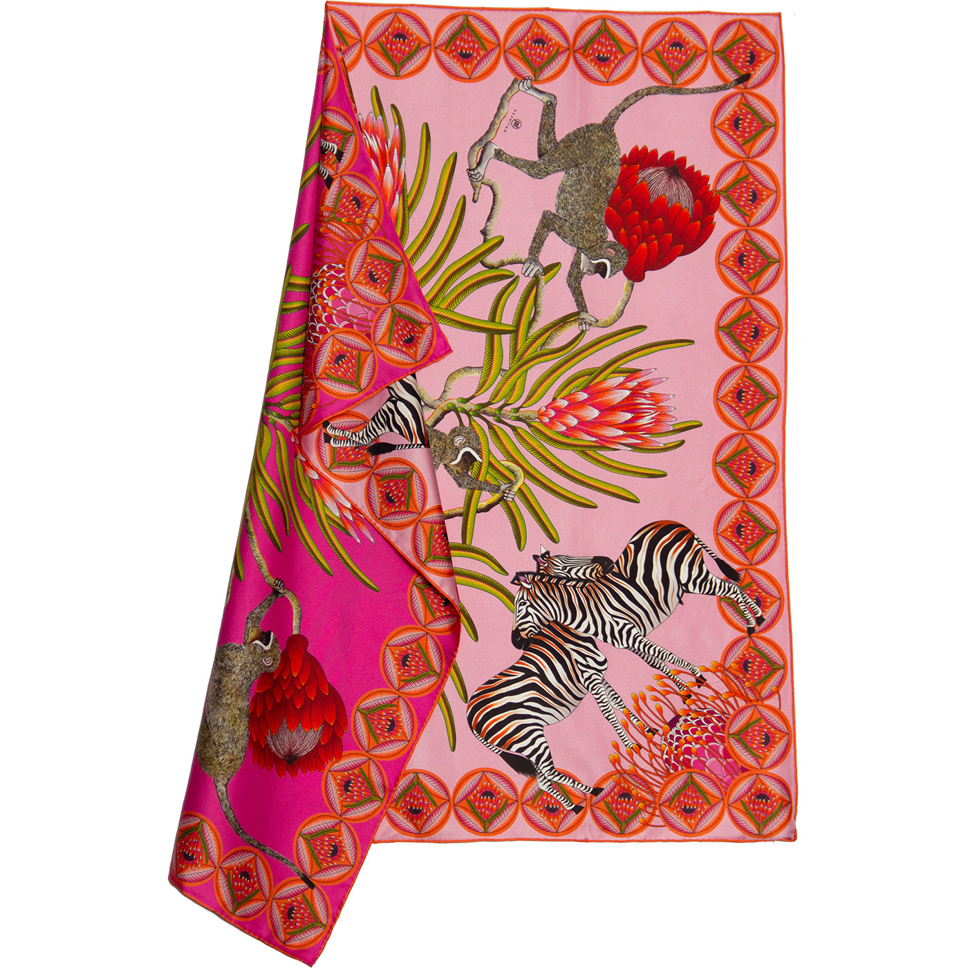 Small, Pink & light pink silk scarf with zebras, monkeys & protea flowers 35 in