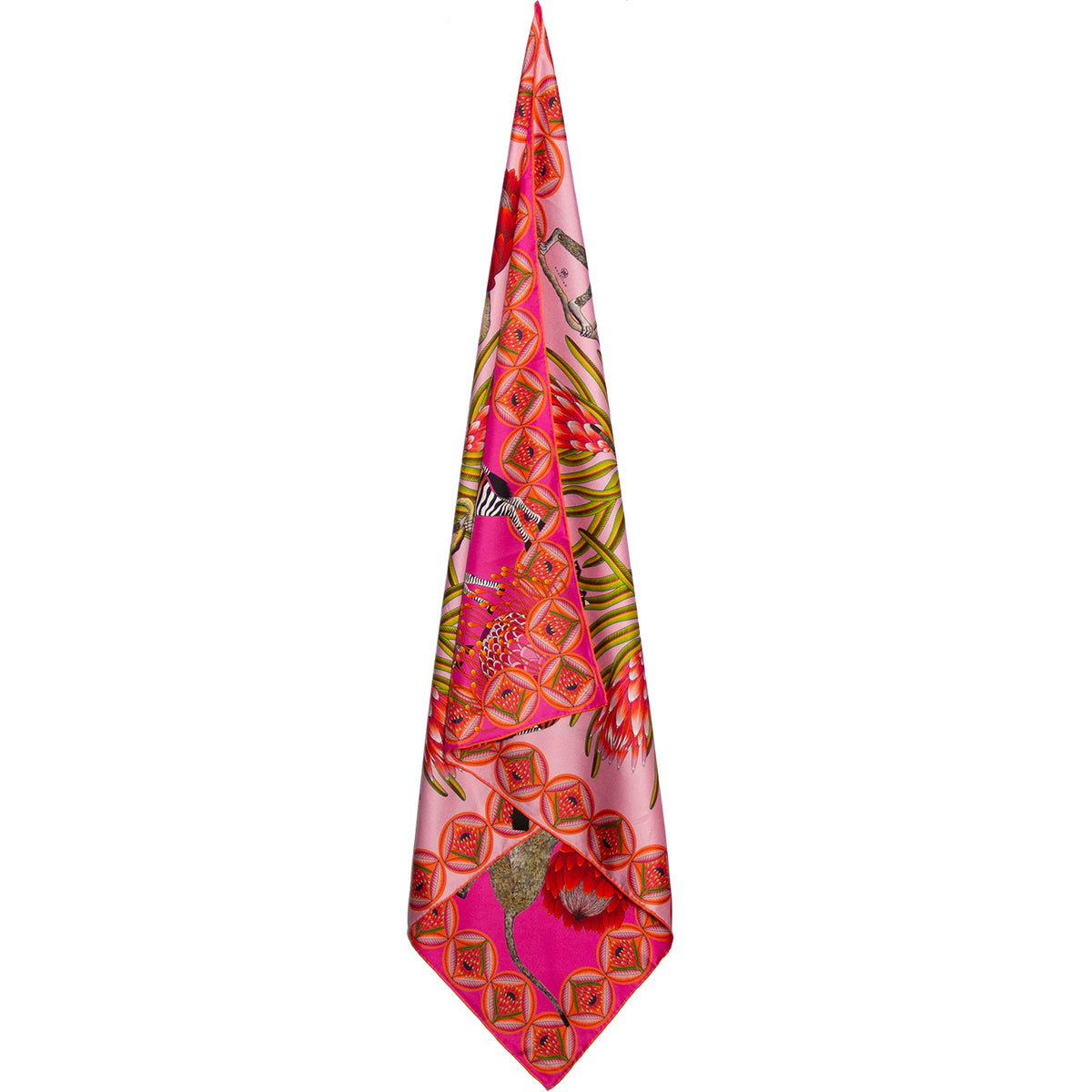 Small, Pink & light pink silk scarf with zebras, monkeys & protea flowers 35 in