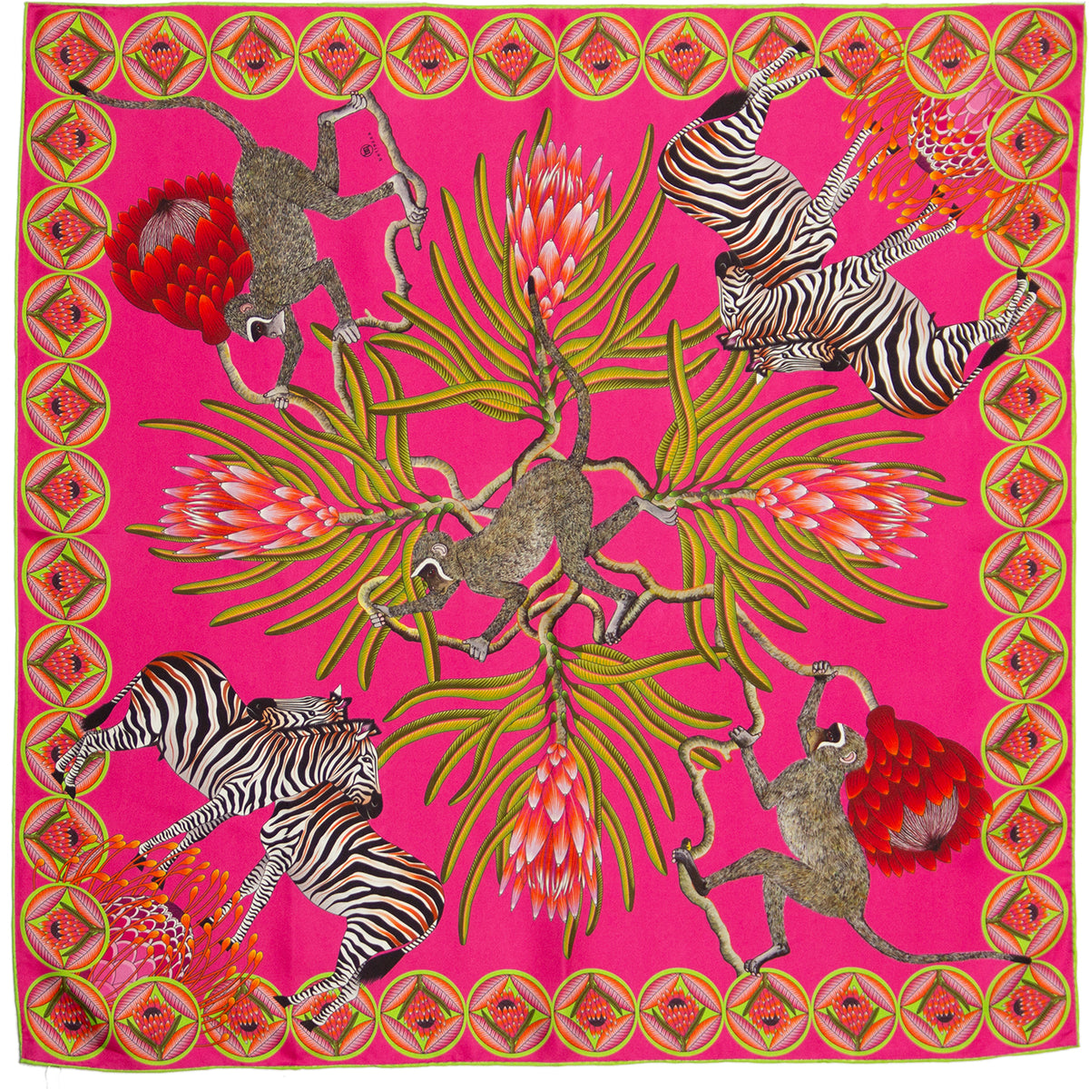 Small, Pink & orange silk scarf with zebras, monkeys & protea flowers 35 in