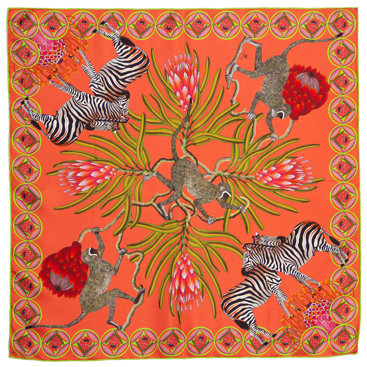 Small, Pink & orange silk scarf with zebras, monkeys & protea flowers 35 in