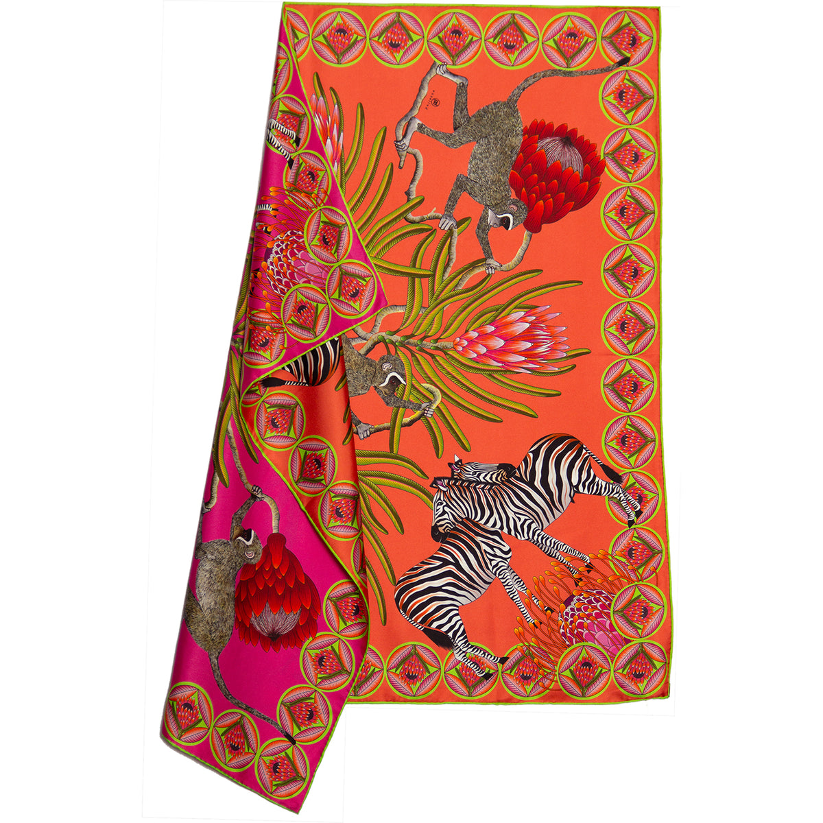 Small, Pink & orange silk scarf with zebras, monkeys & protea flowers 35 in