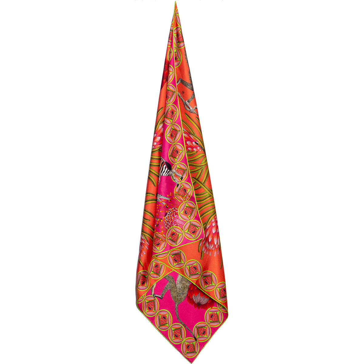 Small, Pink & orange silk scarf with zebras, monkeys & protea flowers 35 in