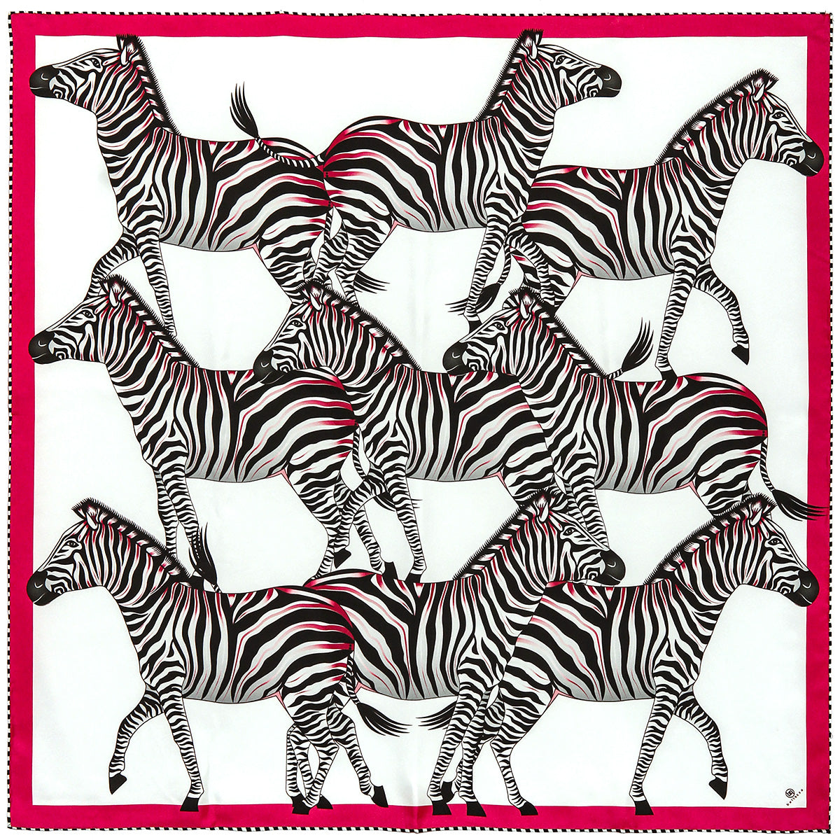 Large, pink & red silk scarf with zebras, 55 inches