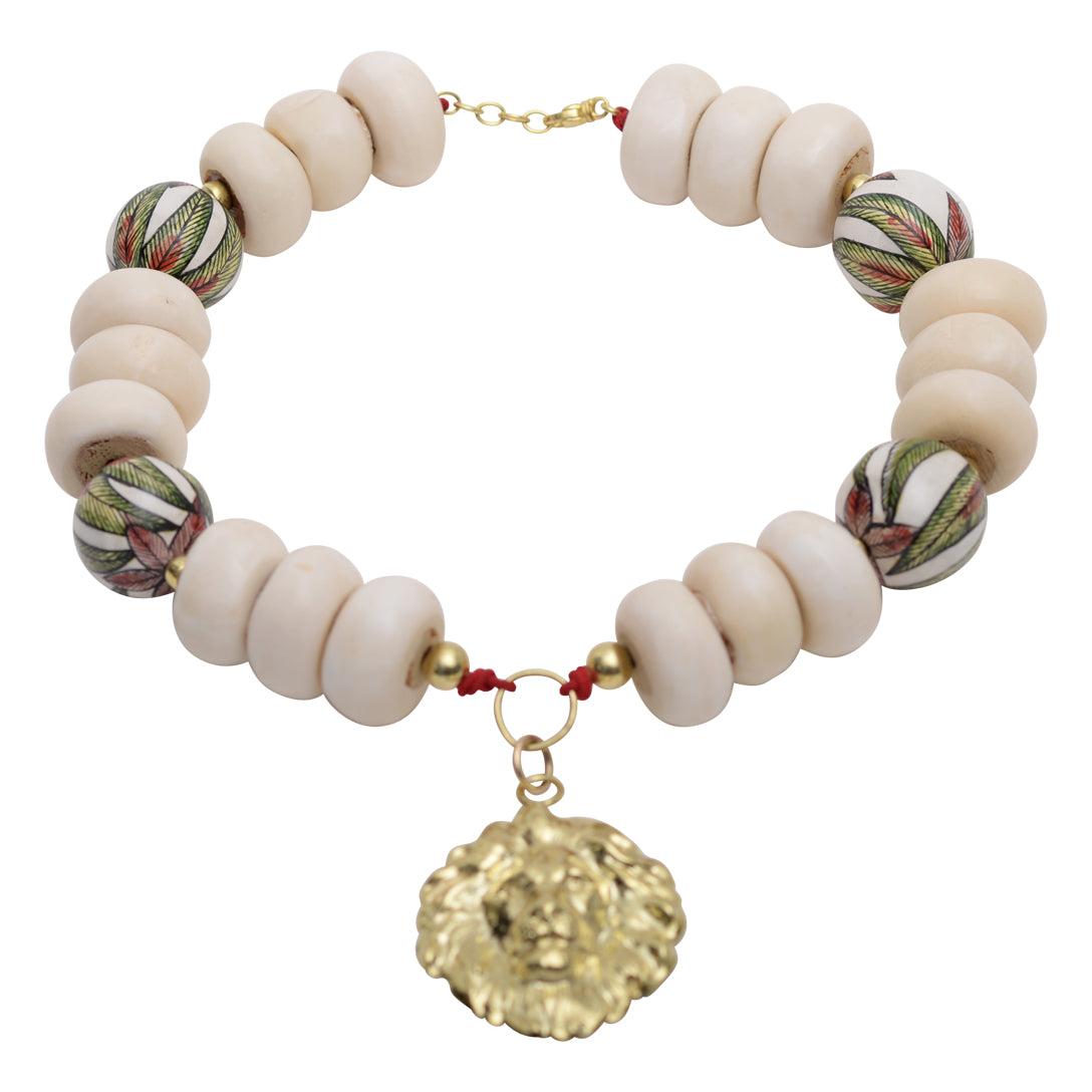 Golden lion & white beads necklace