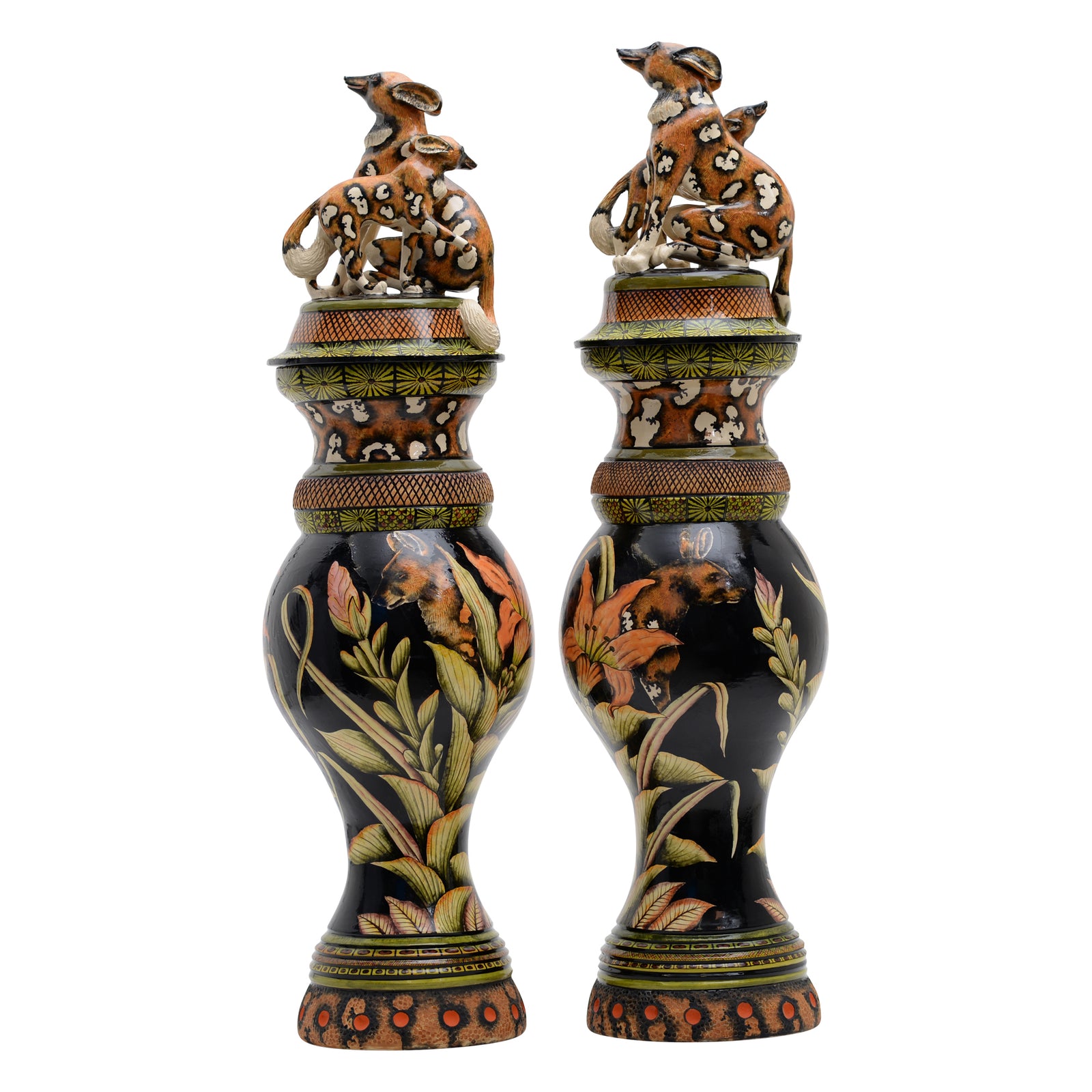 Pair Of Wild Dog Urns