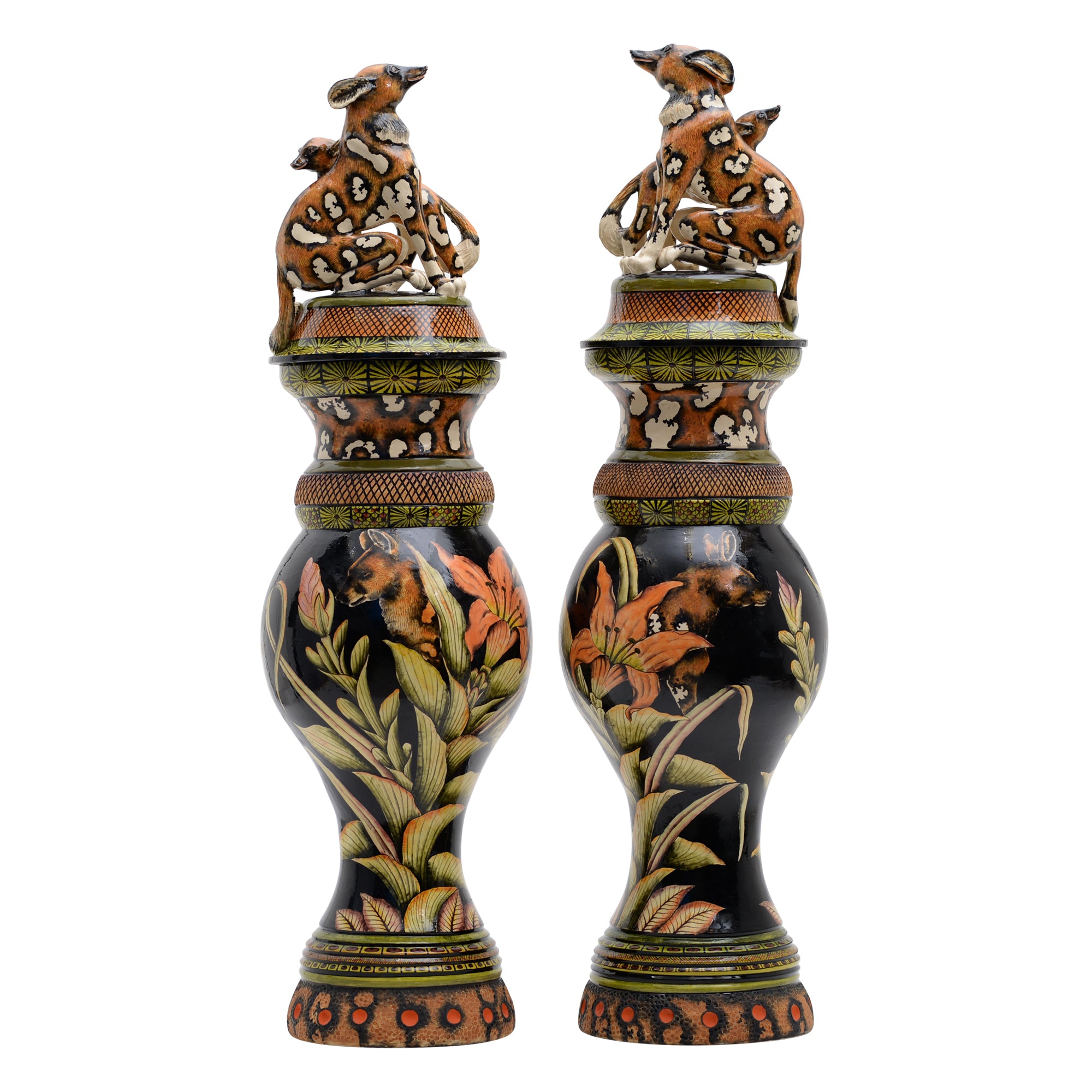 Pair Of Wild Dog Urns