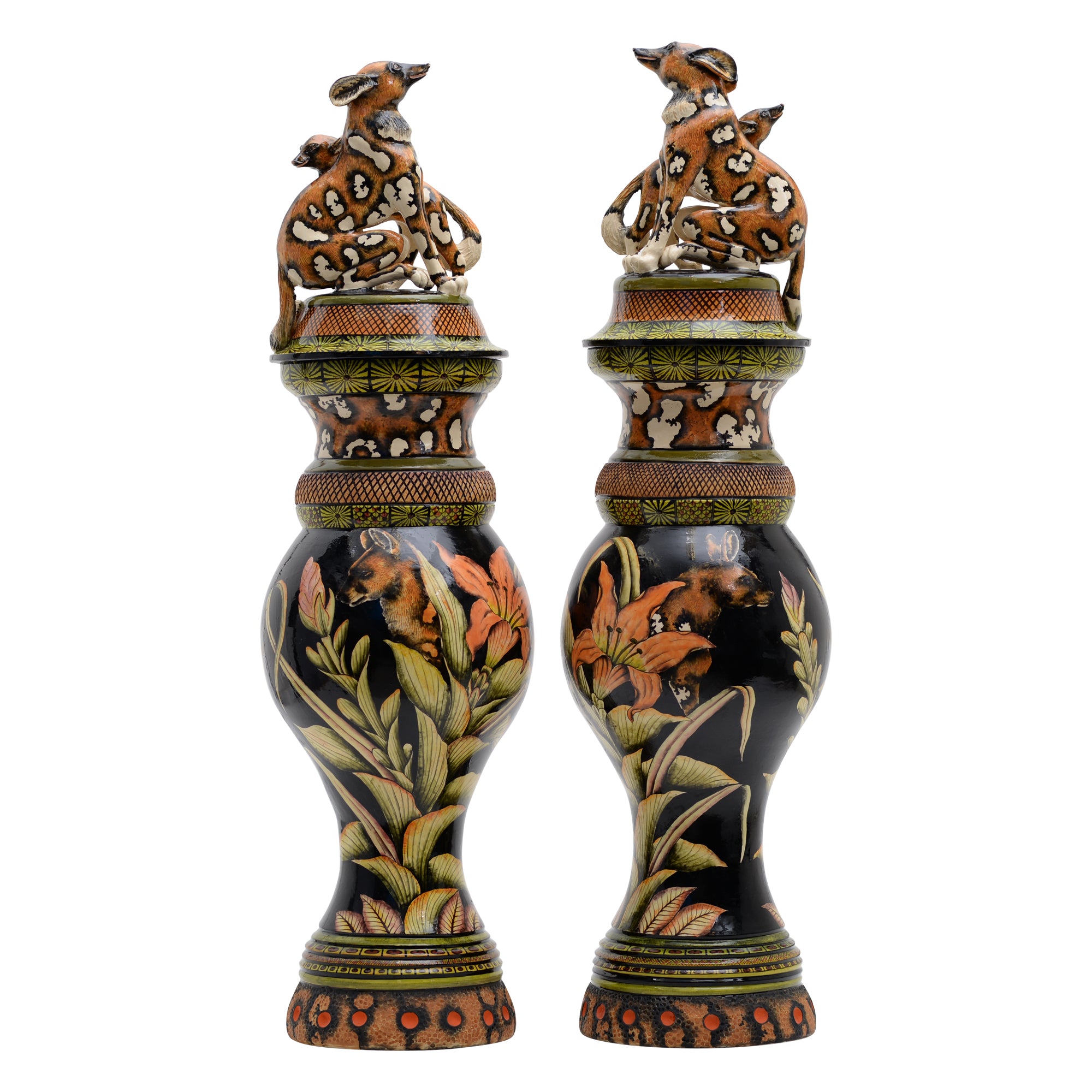 Pair Of Wild Dog Urns