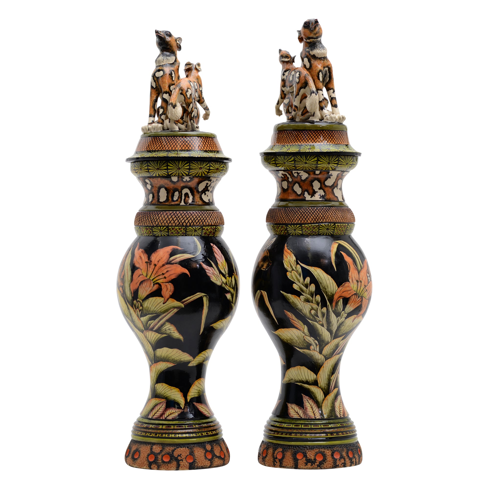 Pair Of Wild Dog Urns